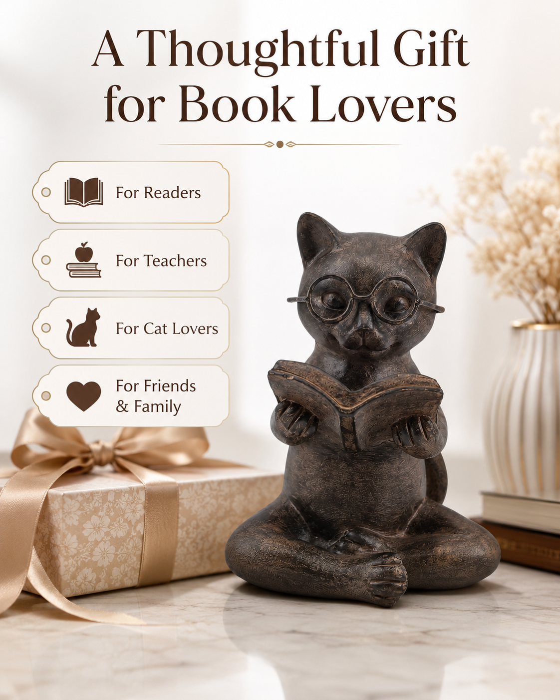 Bronze Cat Figurine Reading Book, Resin Home Décor 