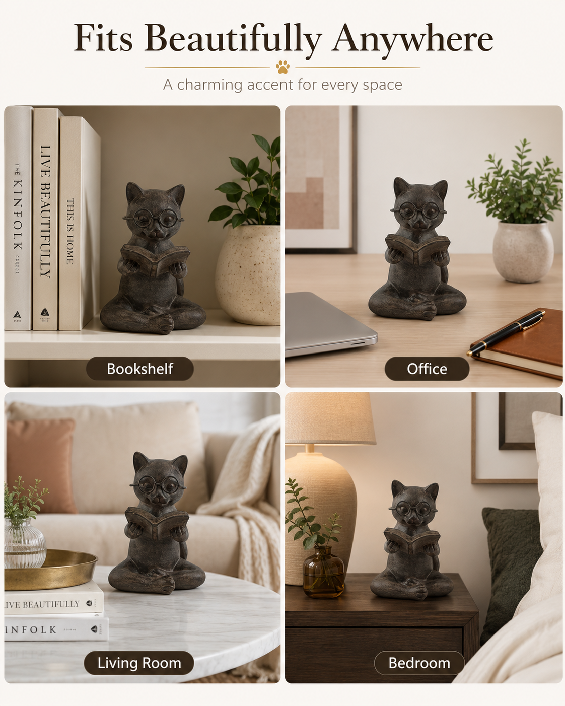 Bronze Cat Figurine Reading Book, Resin Home Décor 