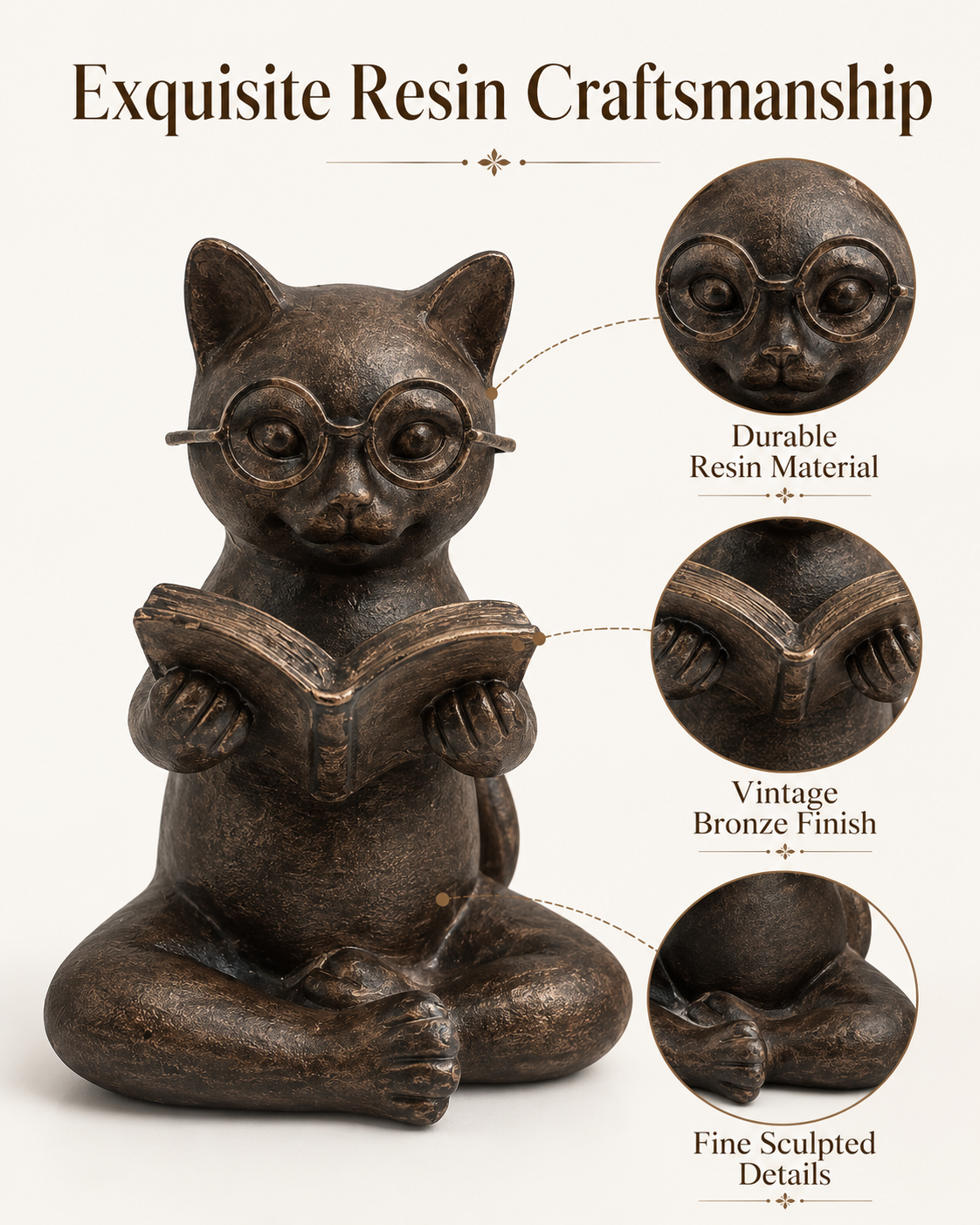 Bronze Cat Figurine Reading Book, Resin Home Décor 