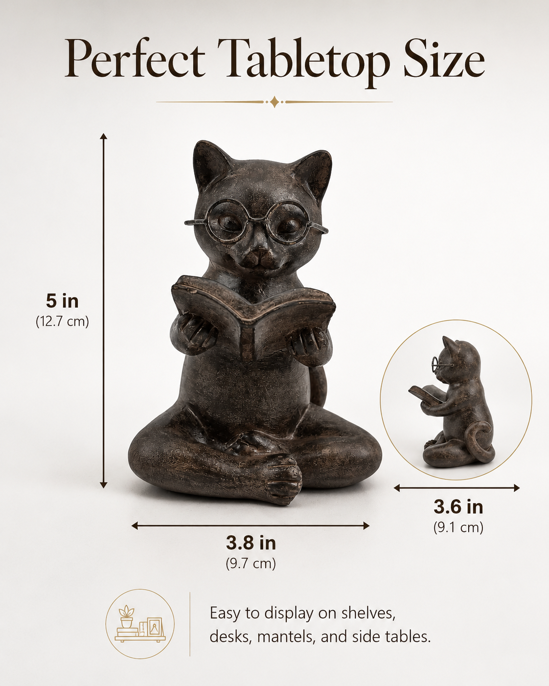 Bronze Cat Figurine Reading Book, Resin Home Décor 