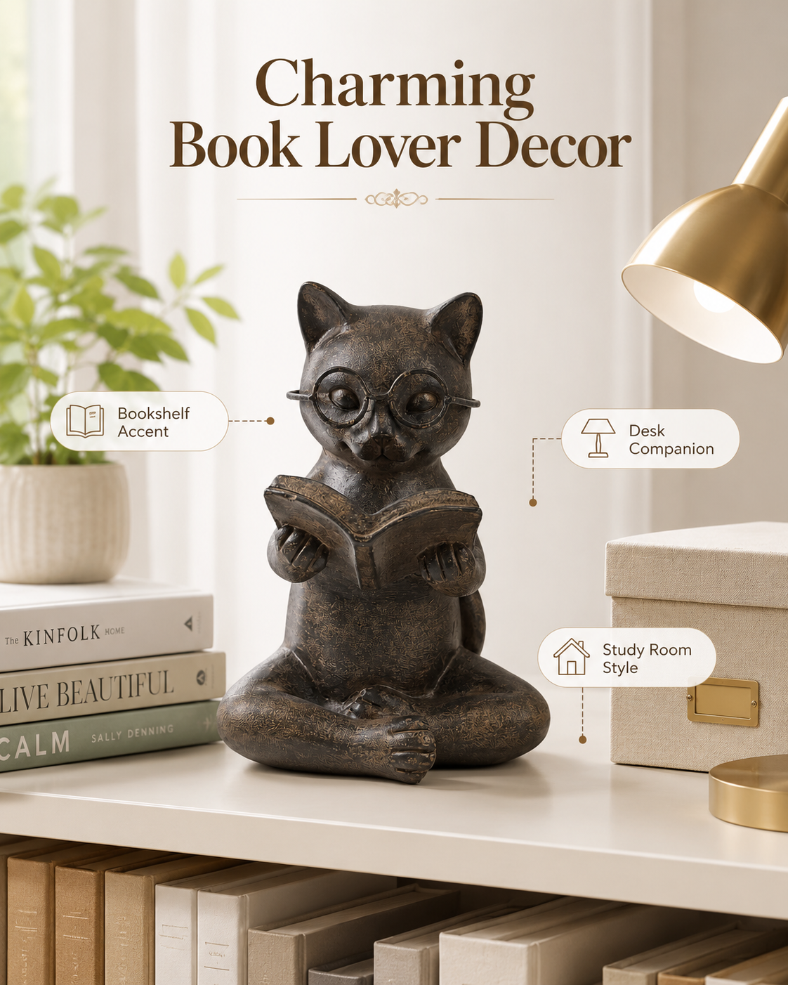 Bronze Cat Figurine Reading Book, Resin Home Décor 
