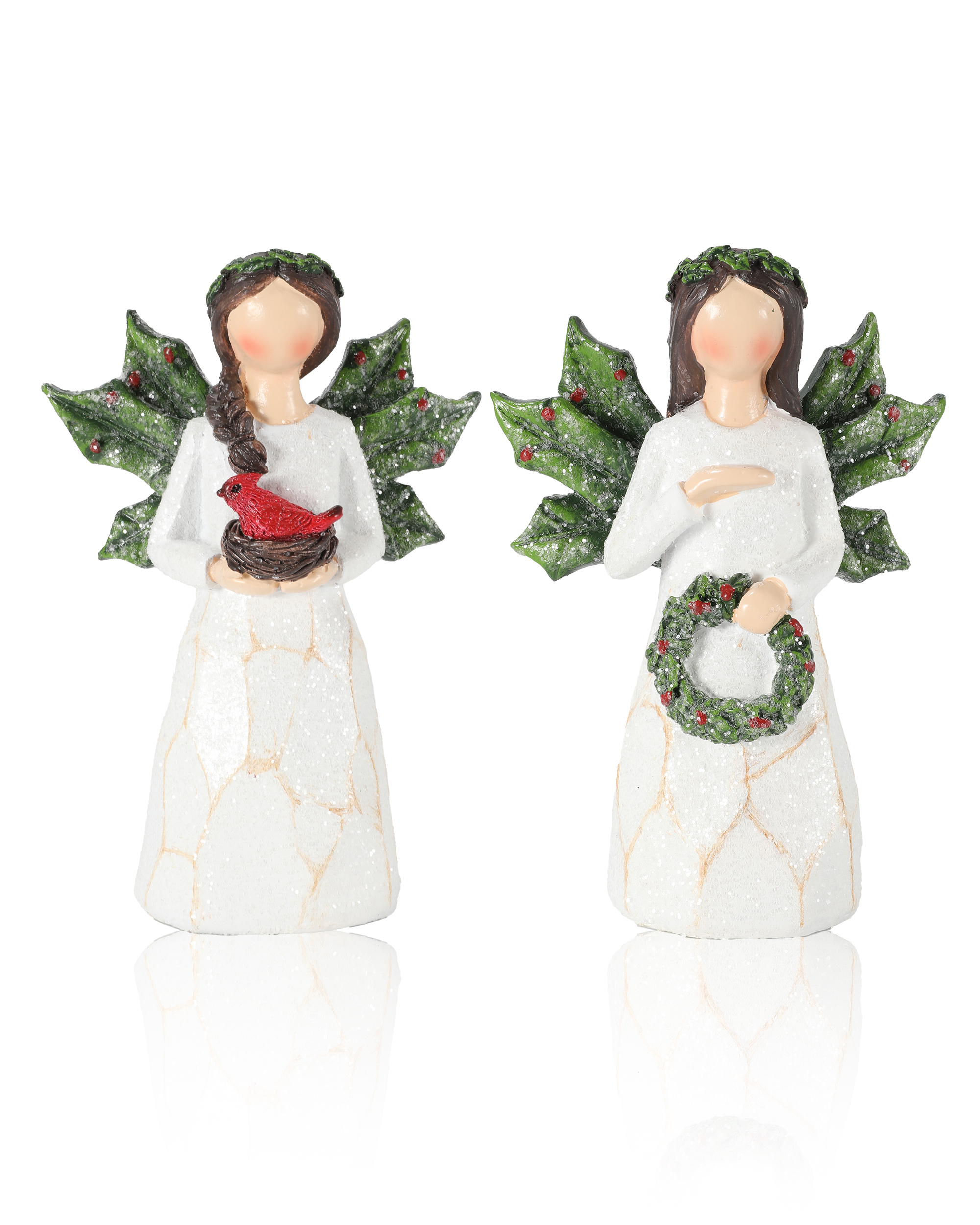 Sparkling Christmas Angel Figurines, Set of 2, 5.1" Tall