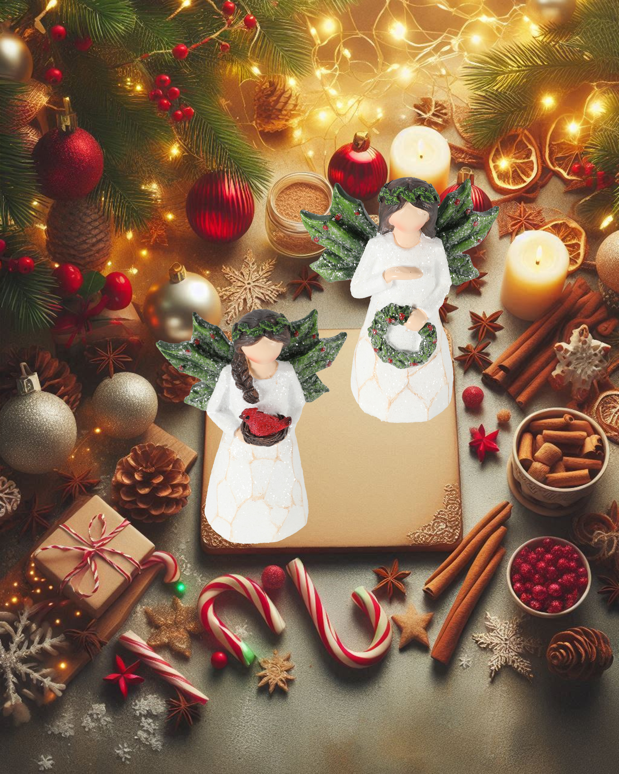 Sparkling Christmas Angel Figurines, Set of 2, 5.1" Tall
