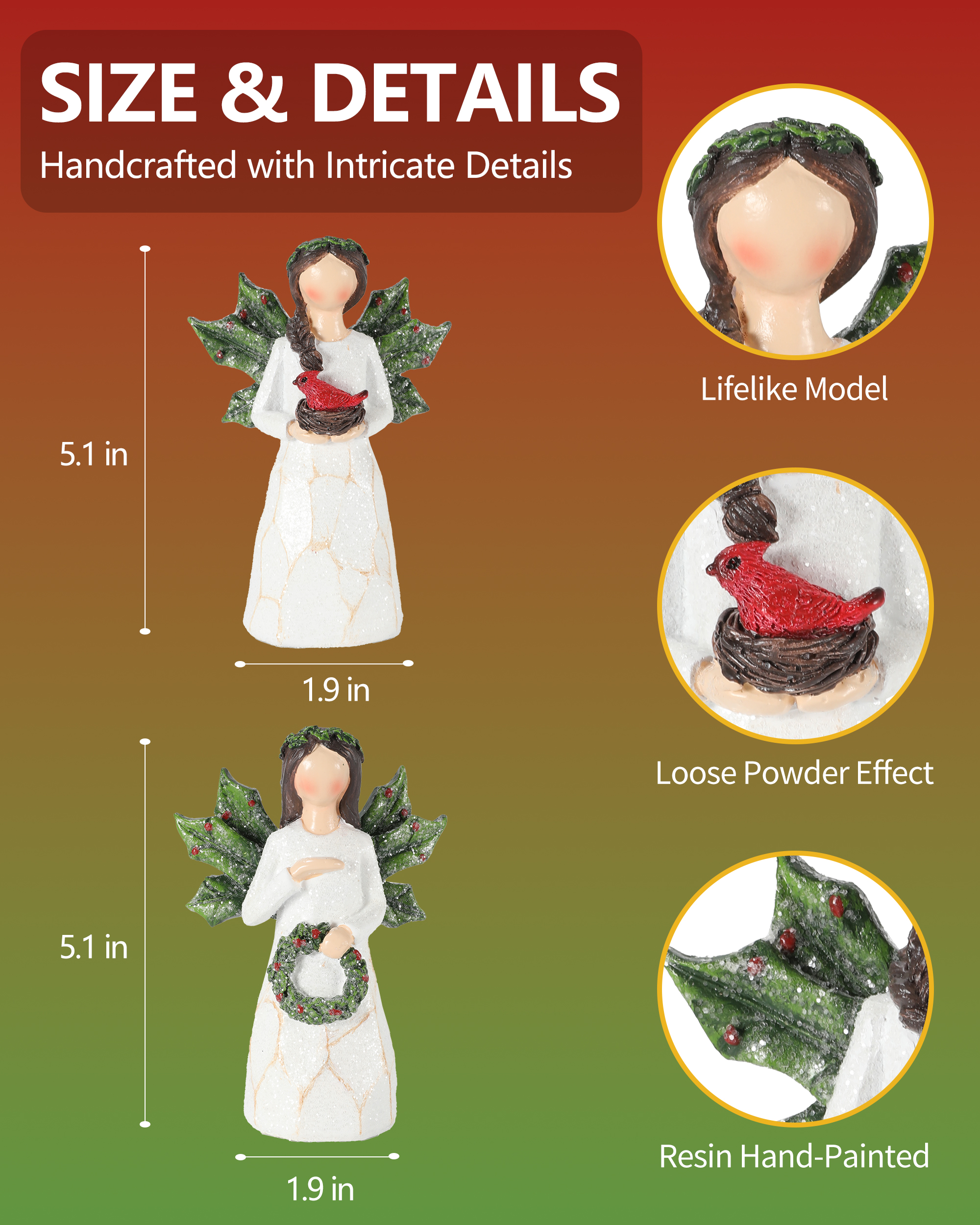 Sparkling Christmas Angel Figurines, Set of 2, 5.1" Tall