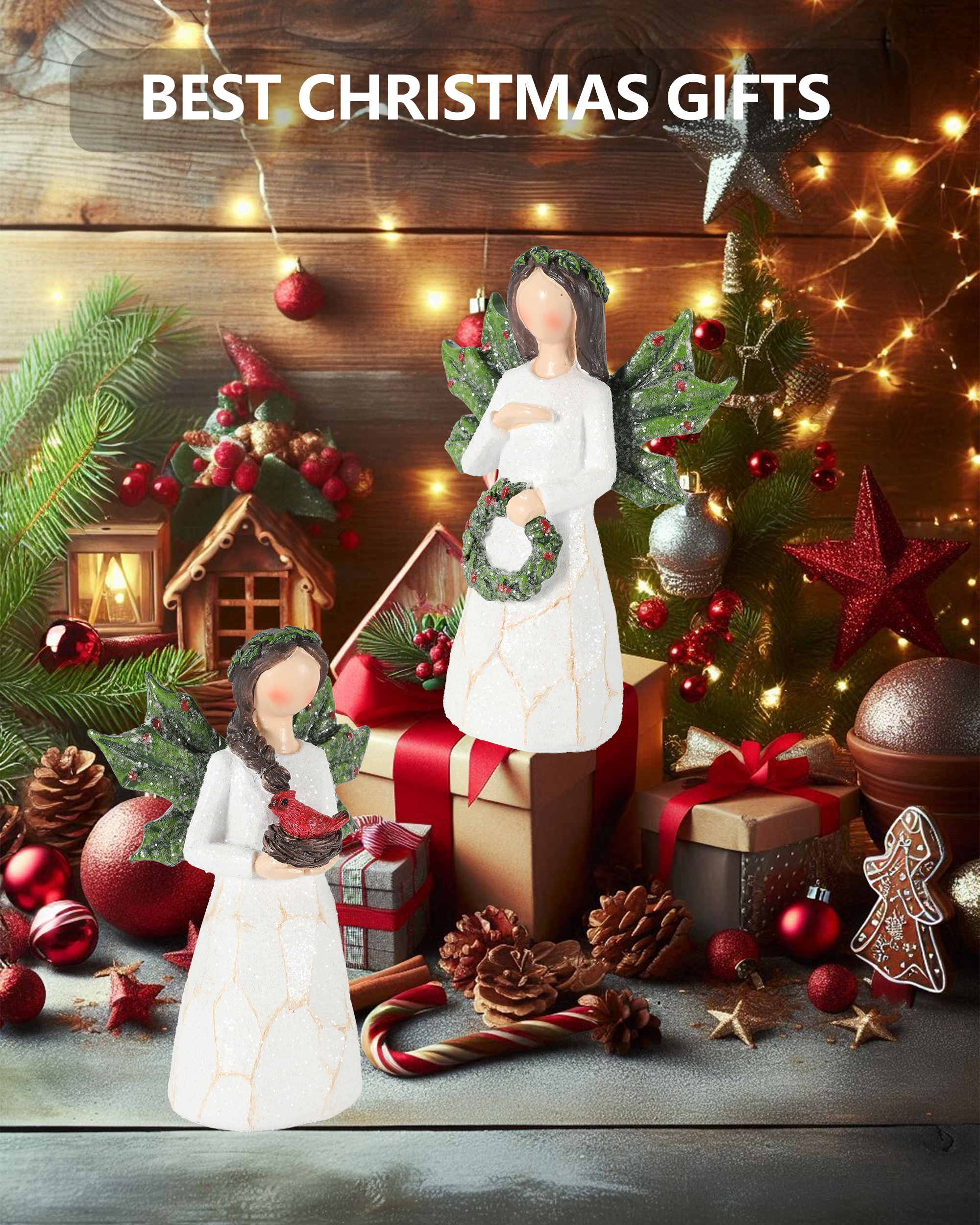 Sparkling Christmas Angel Figurines, Set of 2, 5.1" Tall
