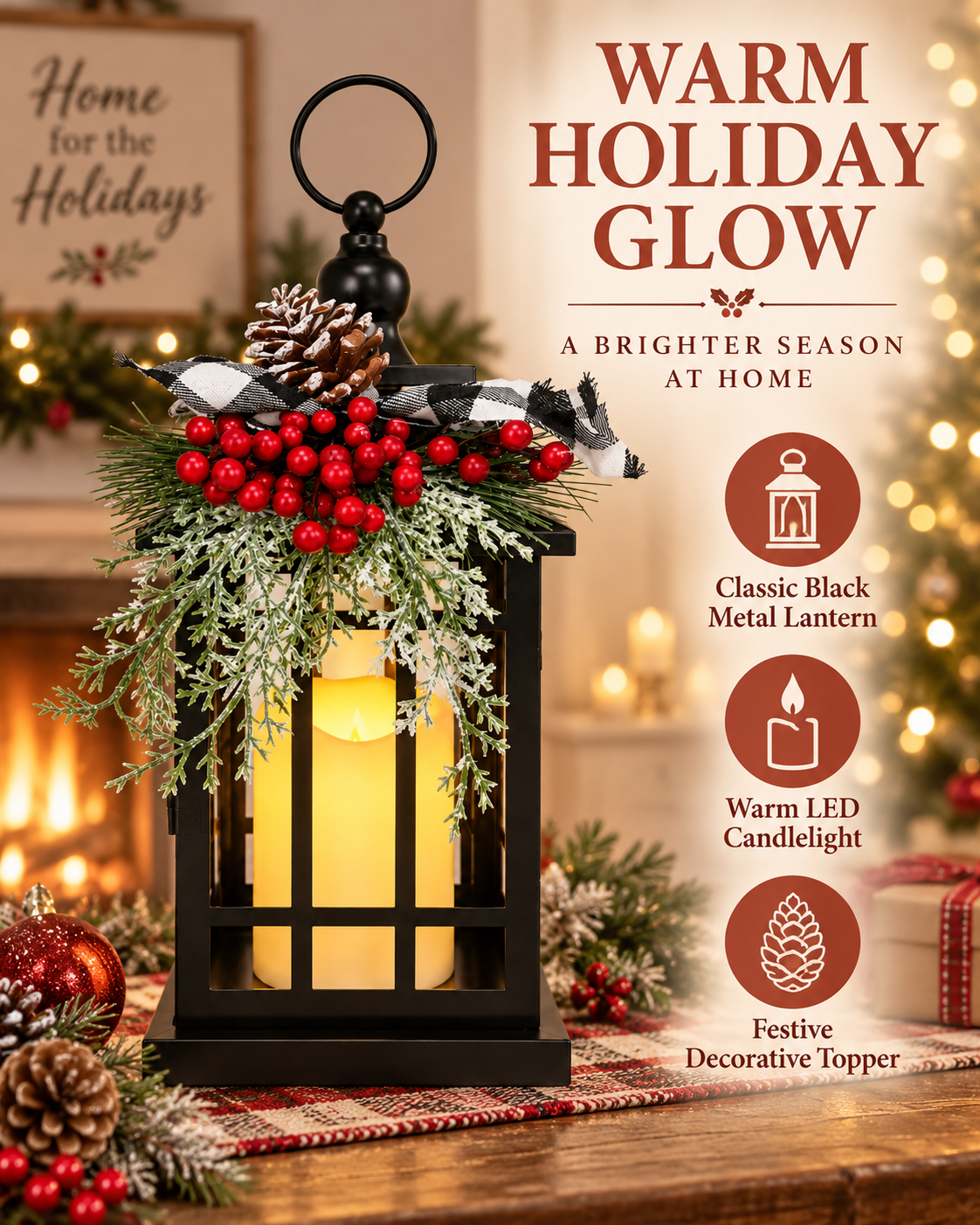 Vintage Metal Christmas Lantern with LED Candle, 1, 12 in