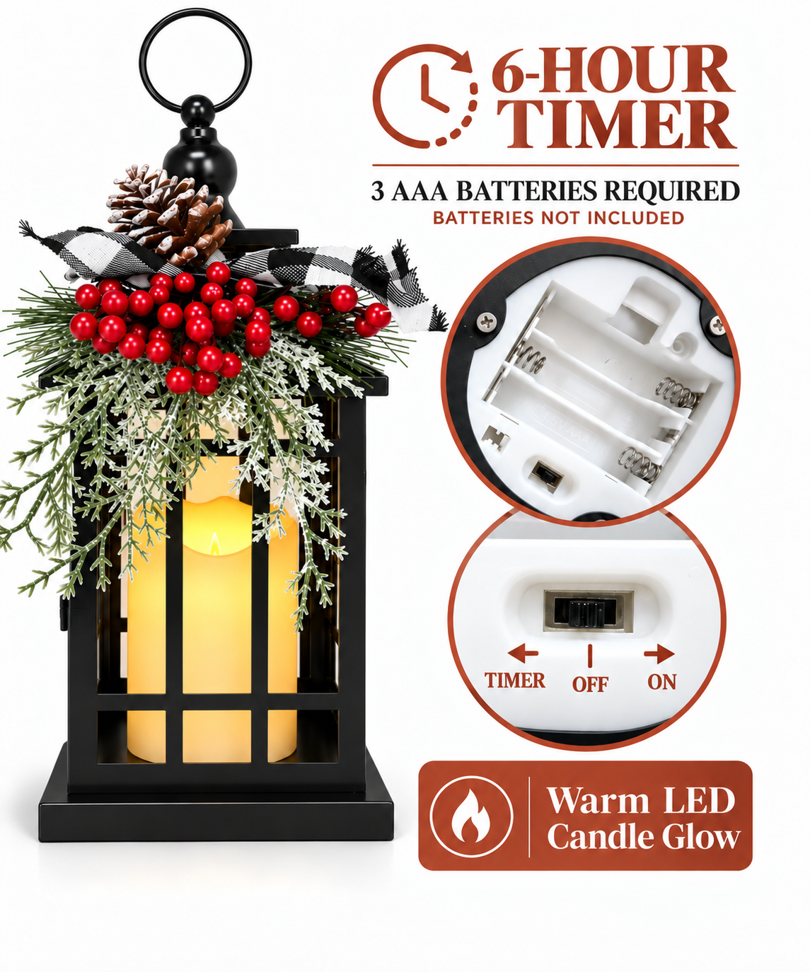 Vintage Metal Christmas Lantern with LED Candle, 1, 12 in