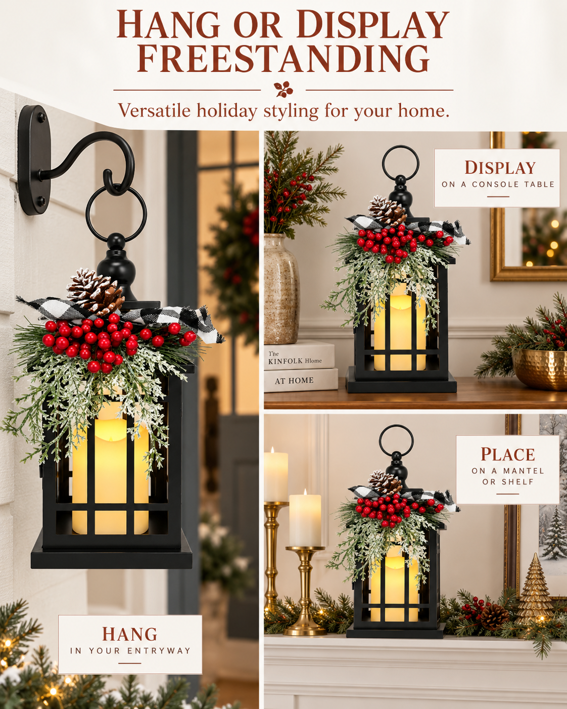 Vintage Metal Christmas Lantern with LED Candle, 1, 12 in