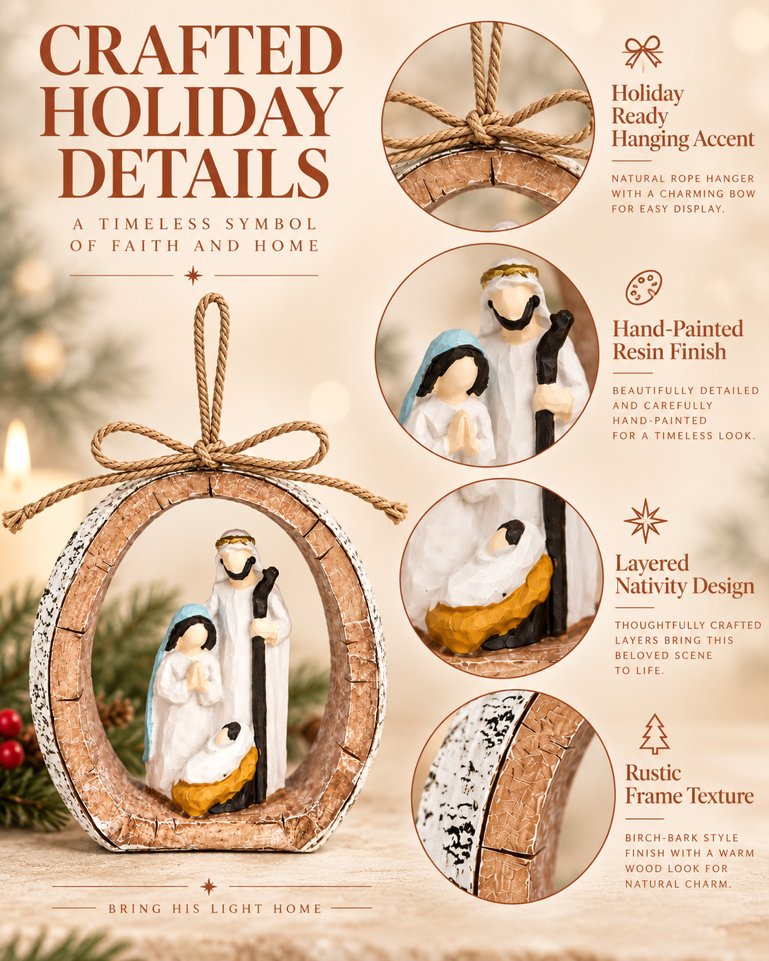 Nativity Ornament, Resin Holy Family Religious Christmas Ornaments