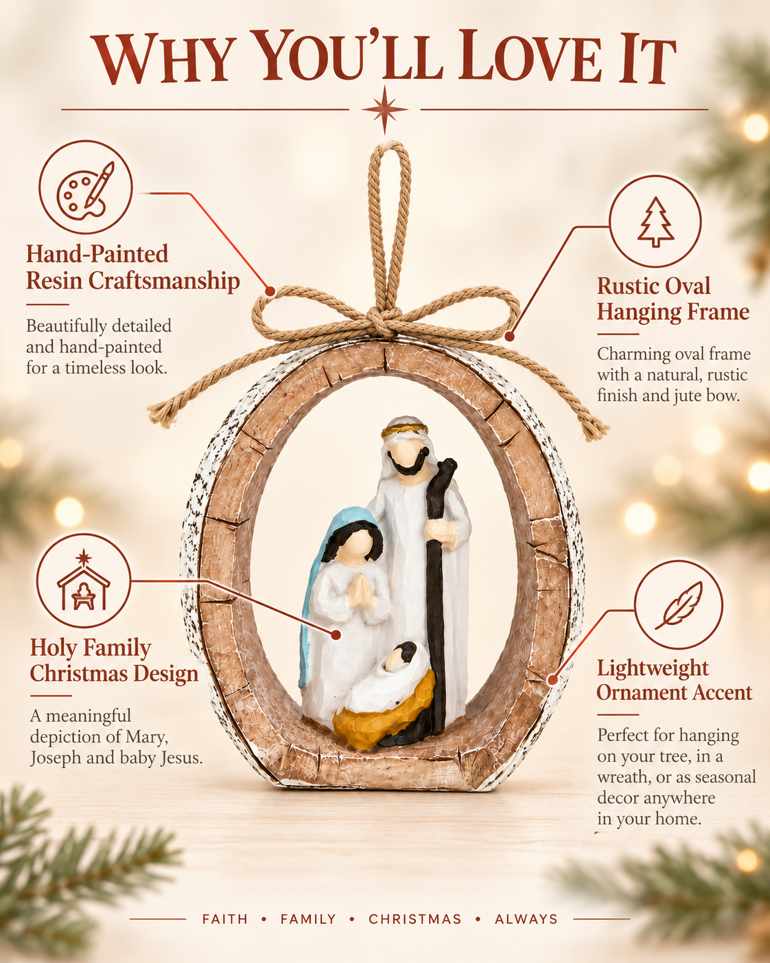 Nativity Ornament, Resin Holy Family Religious Christmas Ornaments