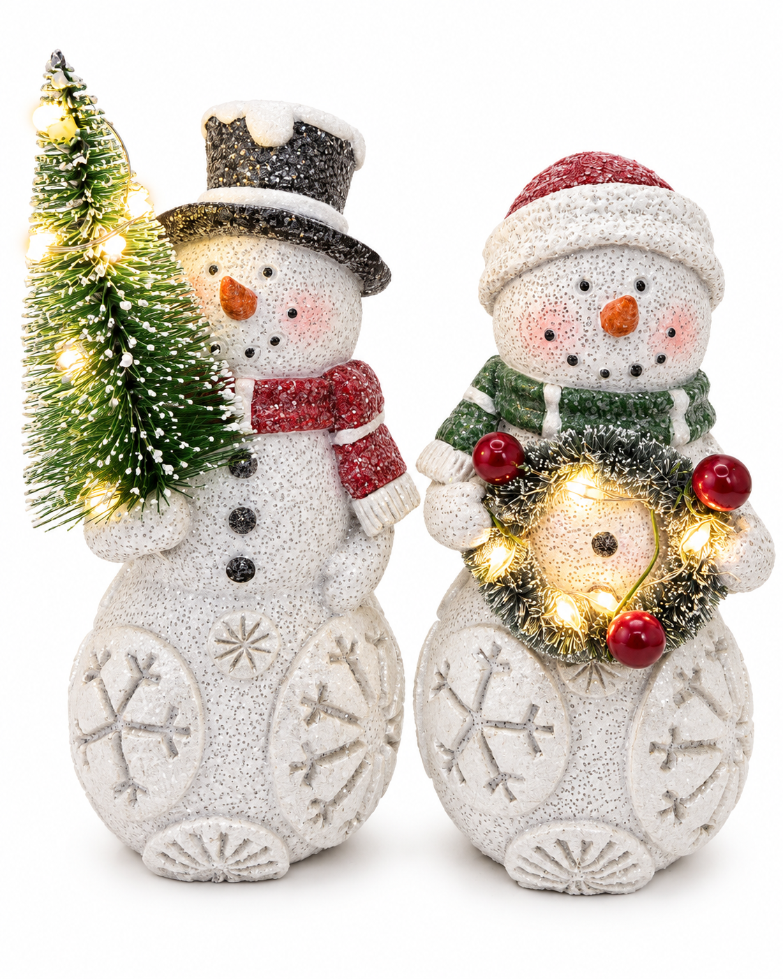 Set of 2 Lighted Snowman Figurine Tree & Wreath Indoor Christmas Decoration