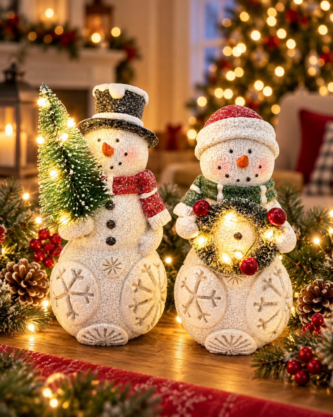 Set of 2 Lighted Snowman Figurine Tree & Wreath Indoor Christmas Decoration