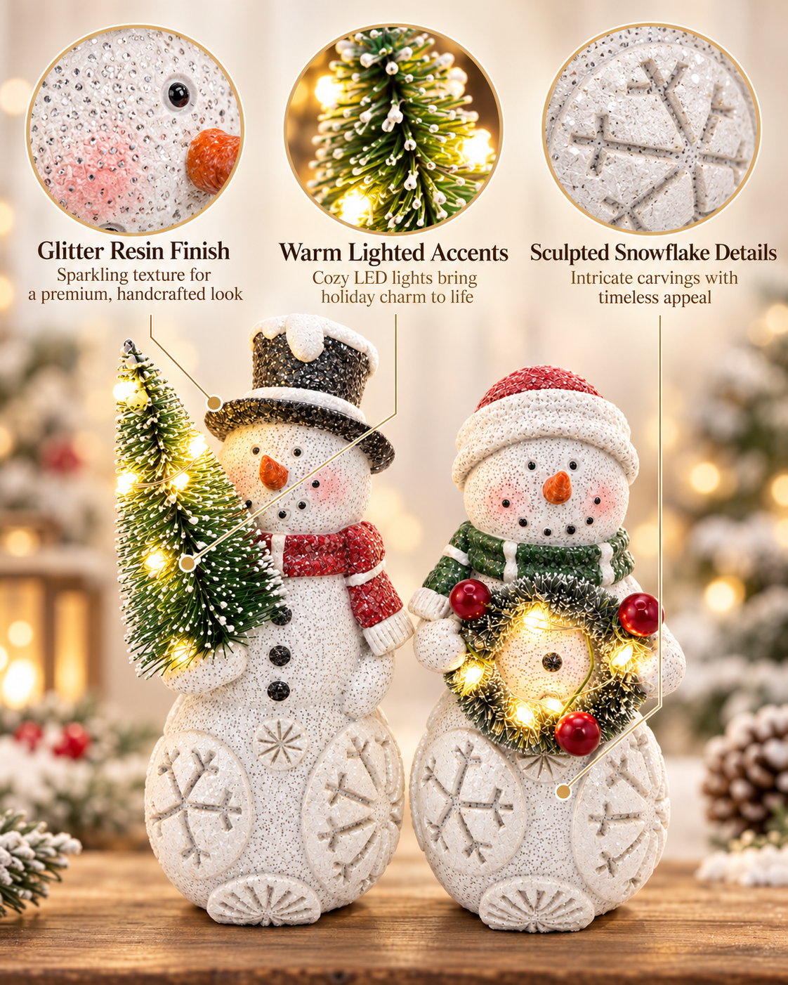 Set of 2 Lighted Snowman Figurine Tree & Wreath Indoor Christmas Decoration