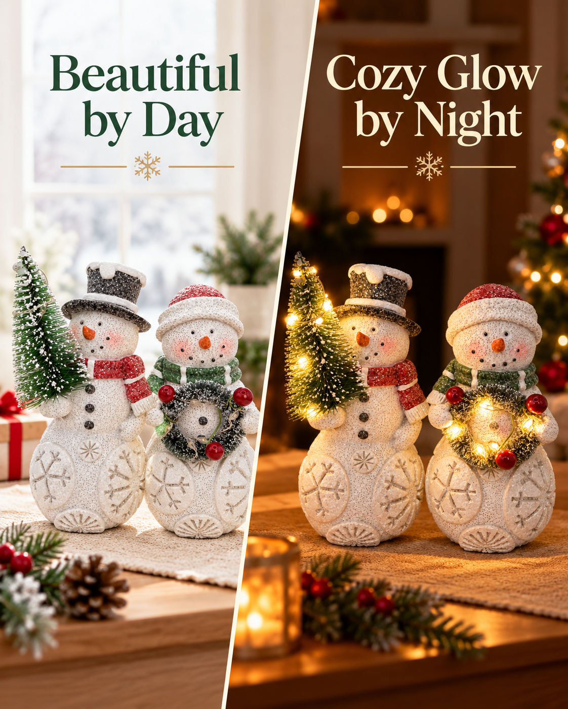 Set of 2 Lighted Snowman Figurine Tree & Wreath Indoor Christmas Decoration
