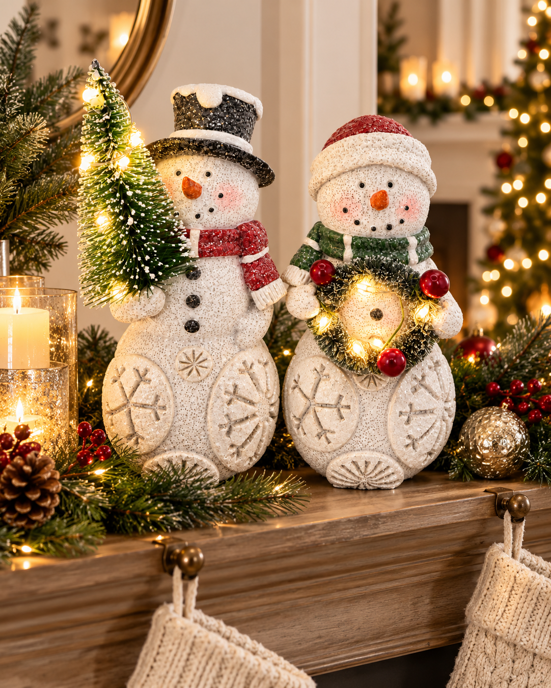 Set of 2 Lighted Snowman Figurine Tree & Wreath Indoor Christmas Decoration
