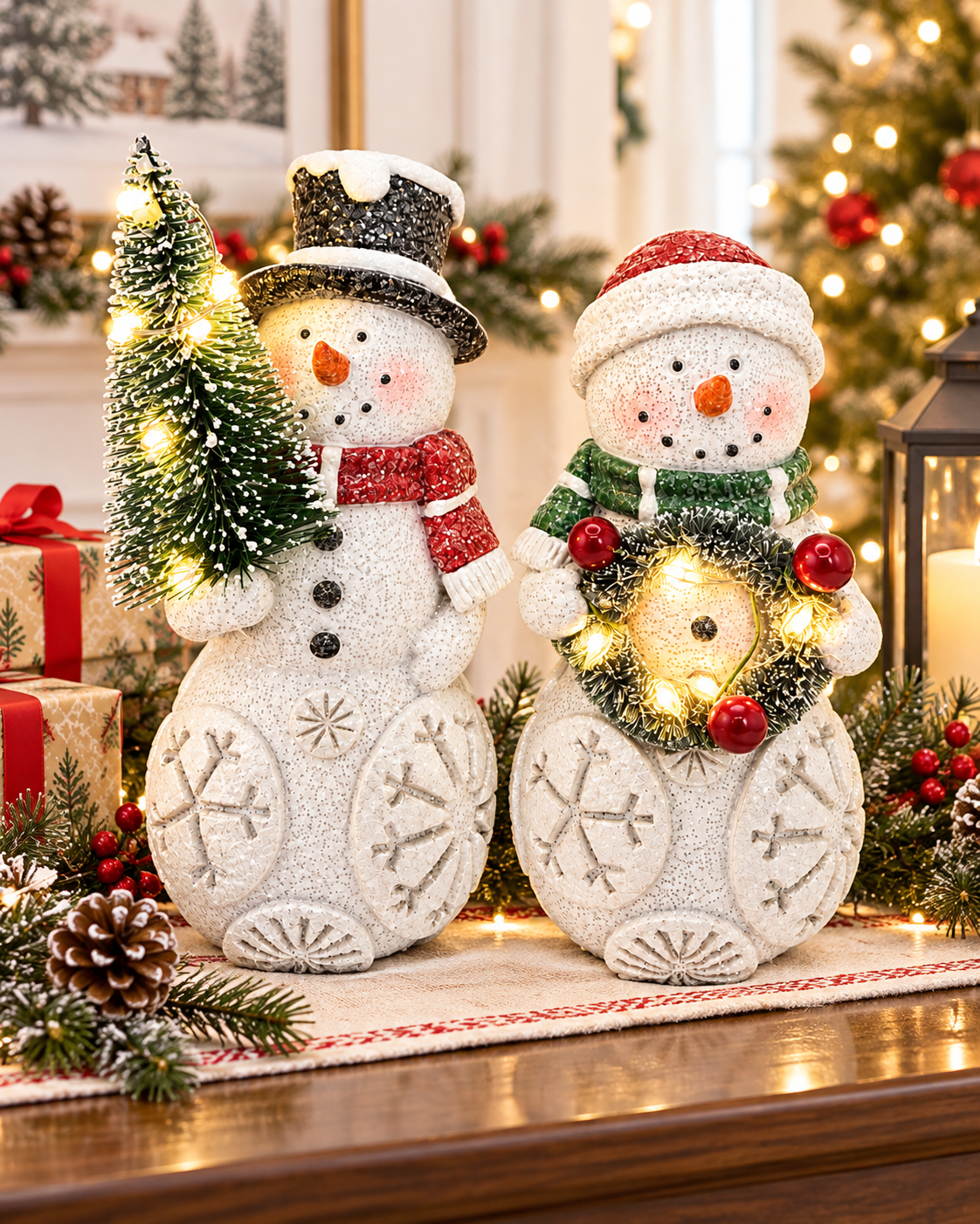 Set of 2 Lighted Snowman Figurine Tree & Wreath Indoor Christmas Decoration