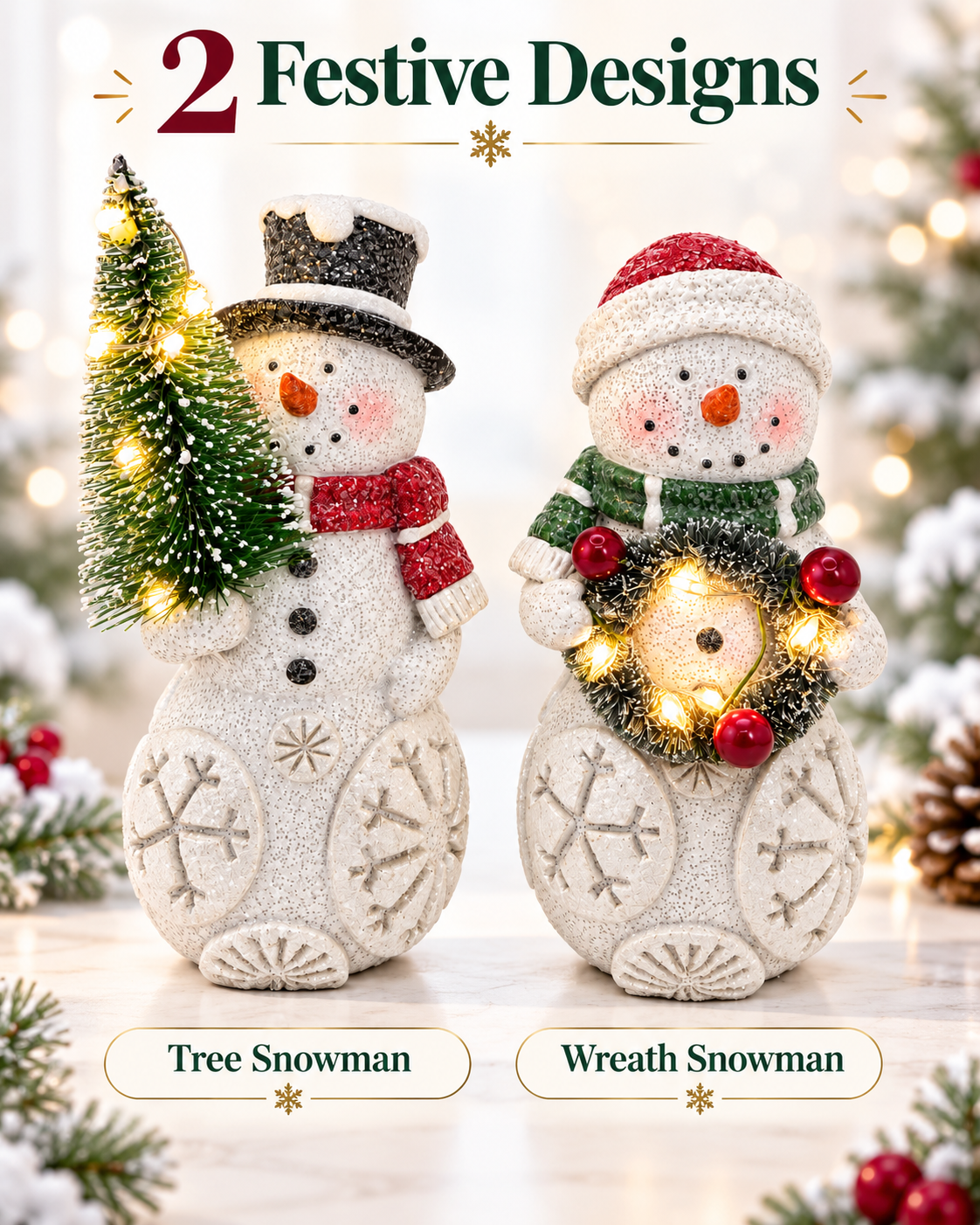 Set of 2 Lighted Snowman Figurine Tree & Wreath Indoor Christmas Decoration