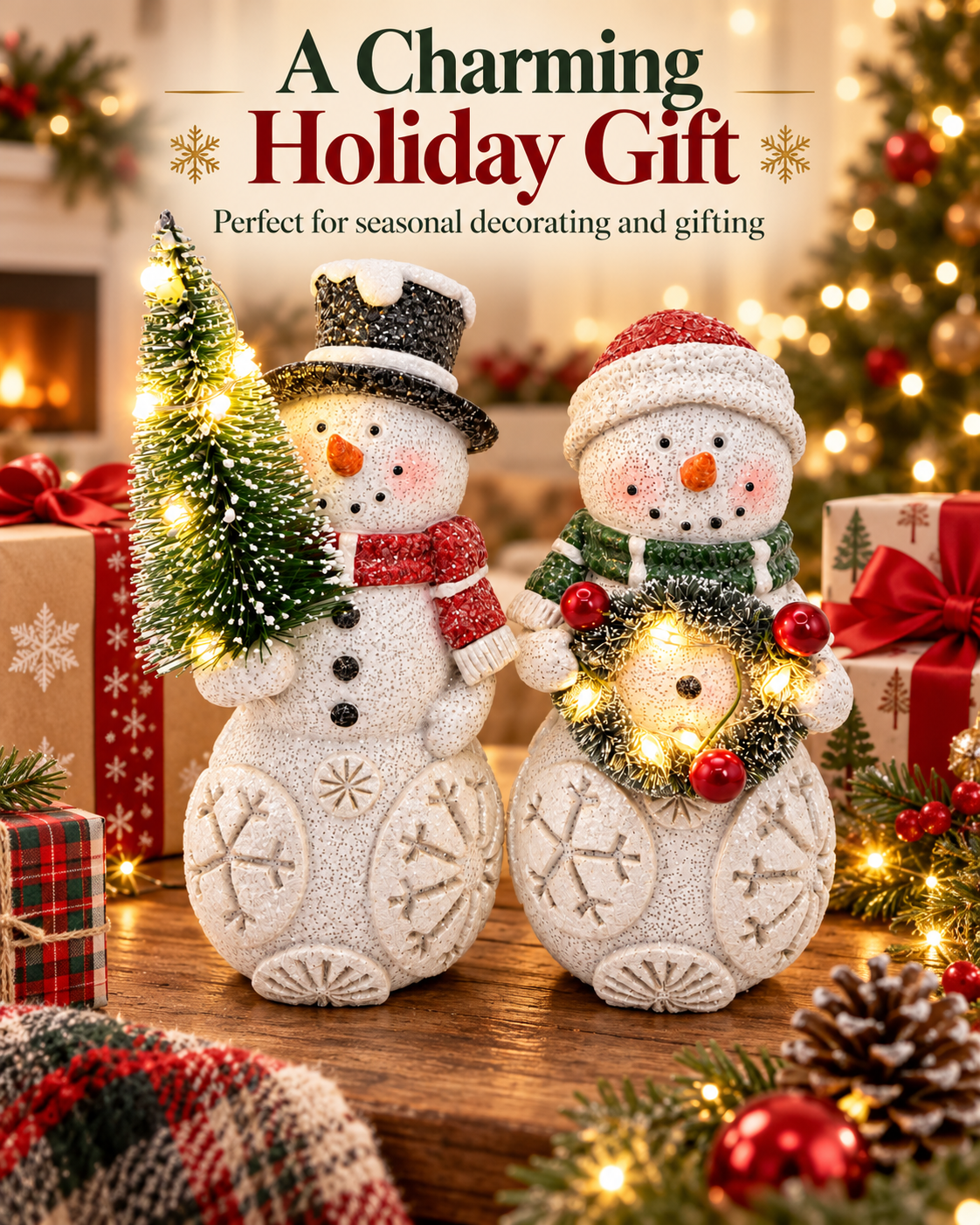 Set of 2 Lighted Snowman Figurine Tree & Wreath Indoor Christmas Decoration