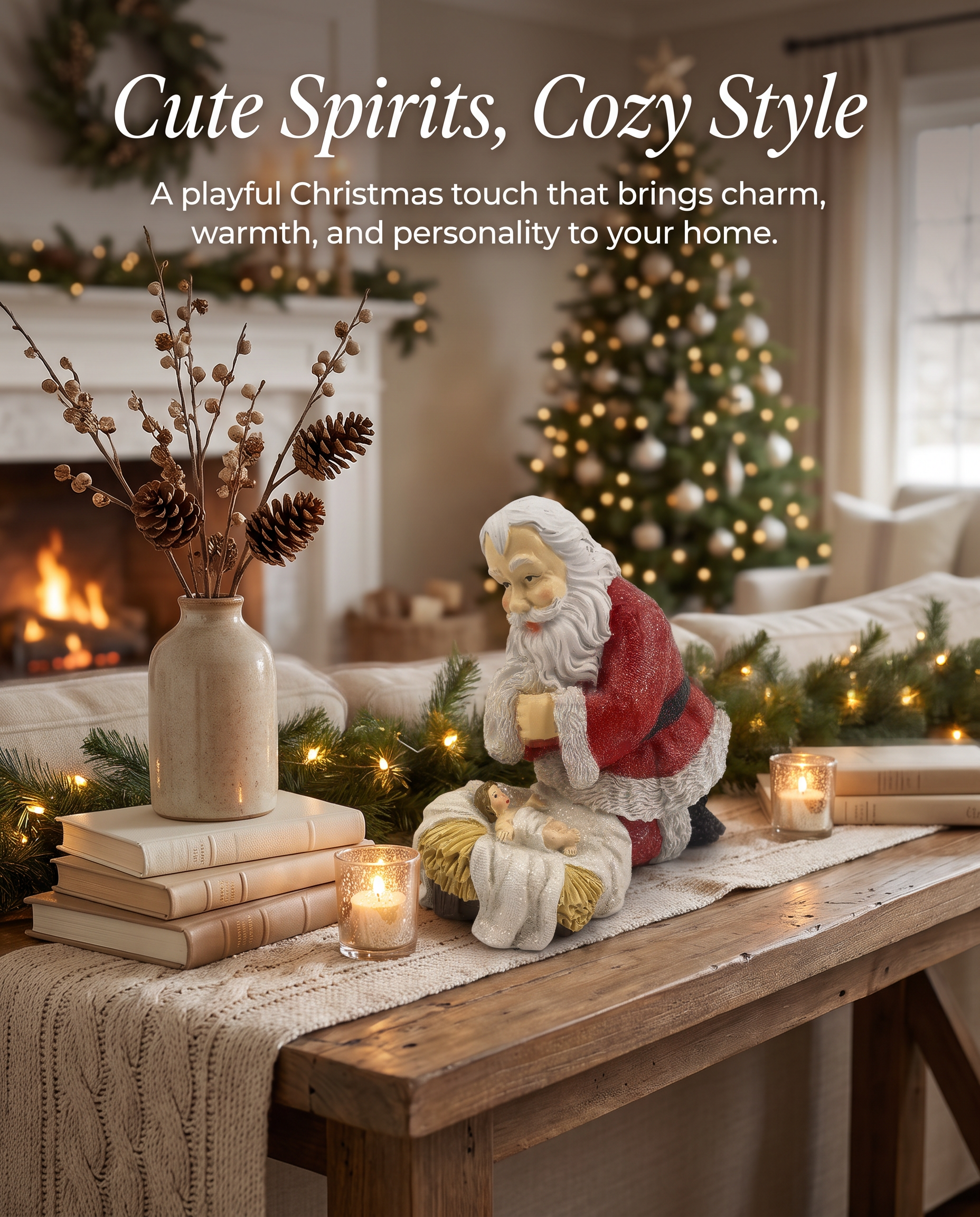 Christmas Decor Santa Kneeling Nativity Baby Jesus Resin Figurine 5.2 inch