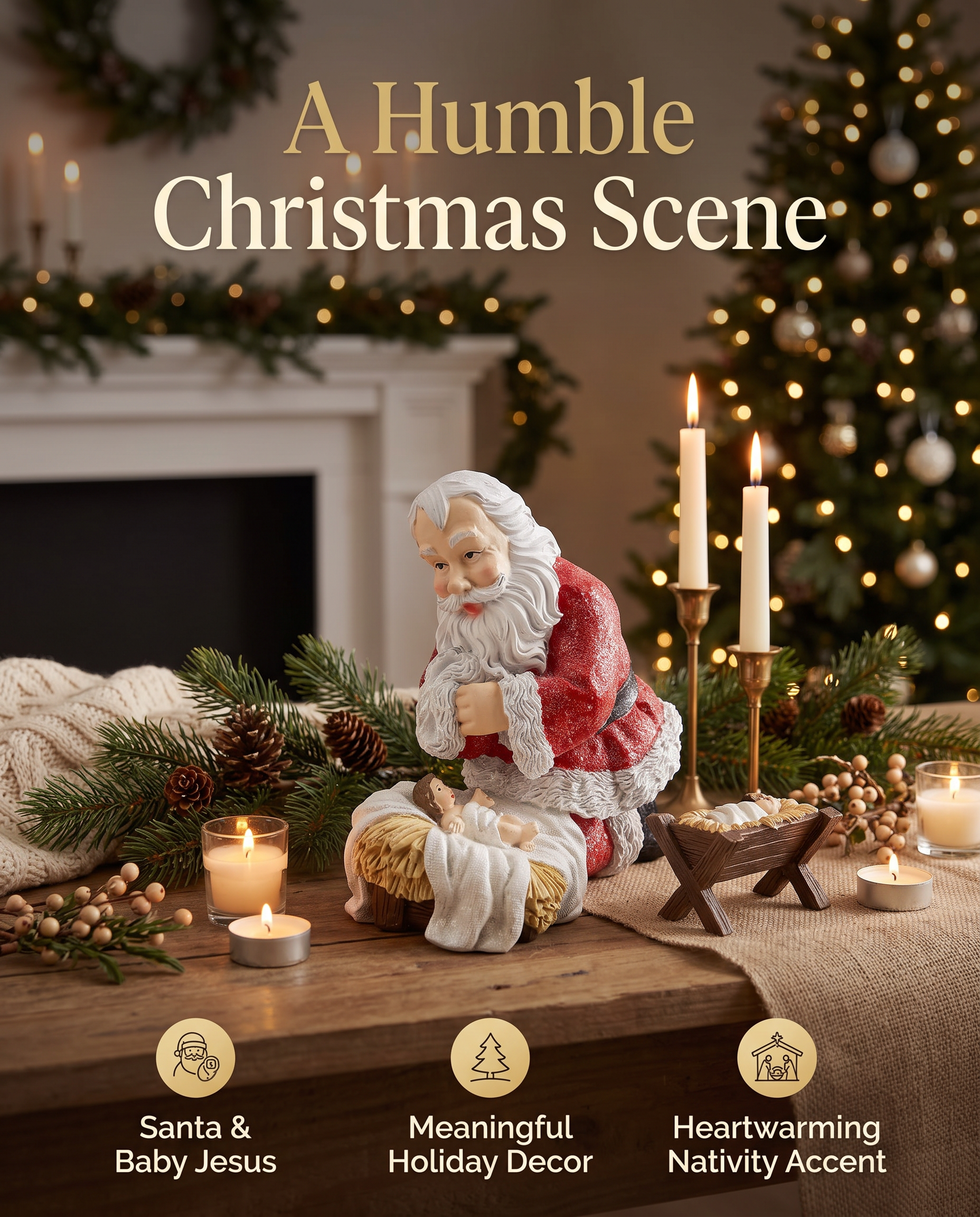 Christmas Decor Santa Kneeling Nativity Baby Jesus Resin Figurine 5.2 inch