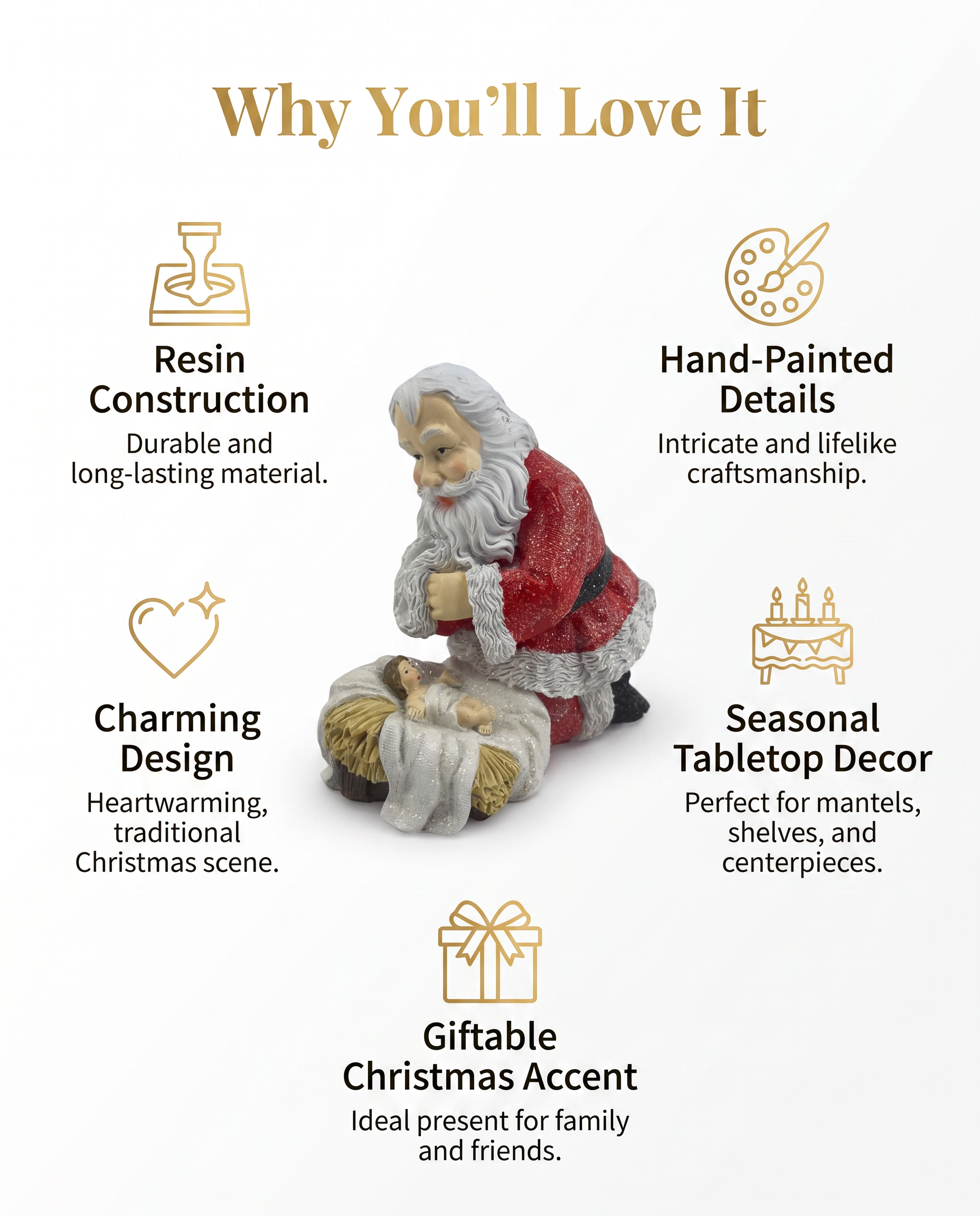 Christmas Decor Santa Kneeling Nativity Baby Jesus Resin Figurine 5.2 inch