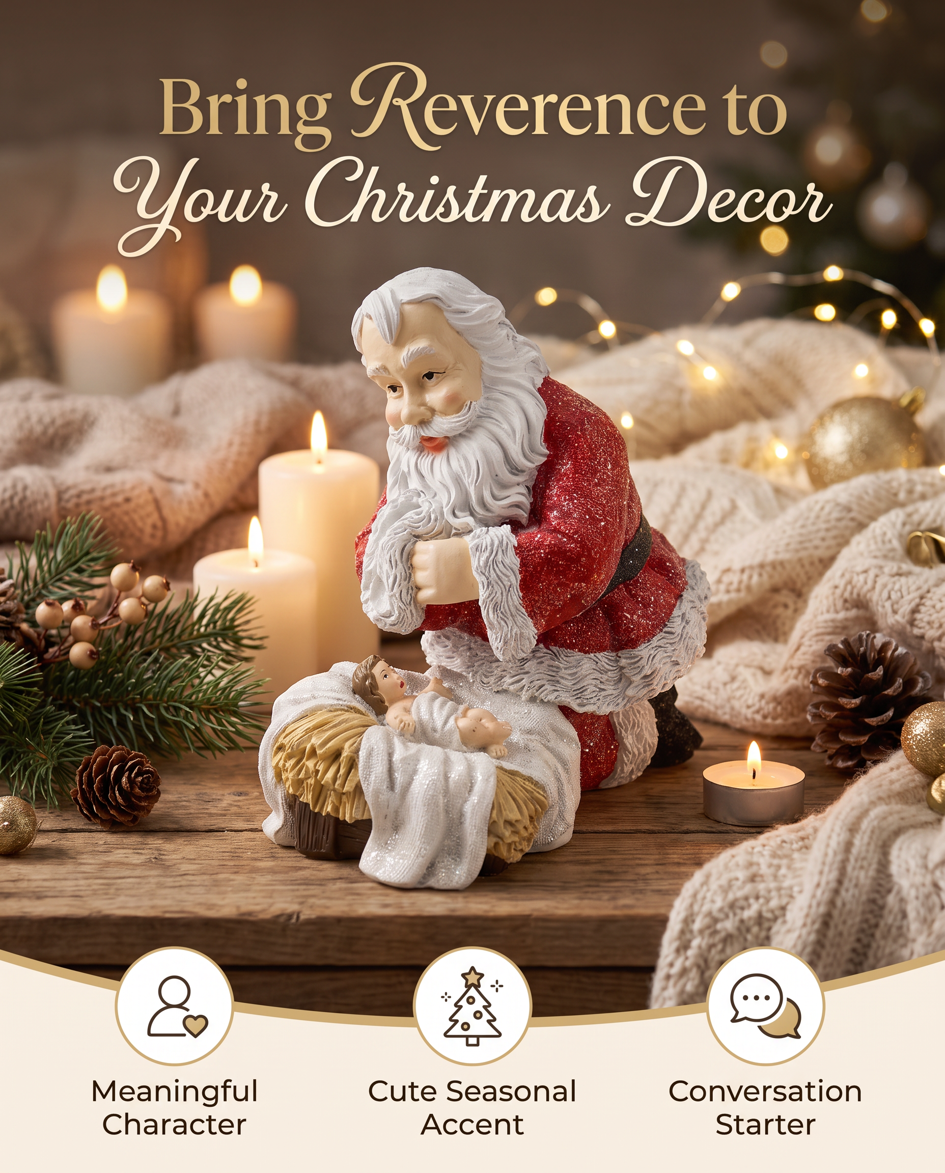 Christmas Decor Santa Kneeling Nativity Baby Jesus Resin Figurine 5.2 inch