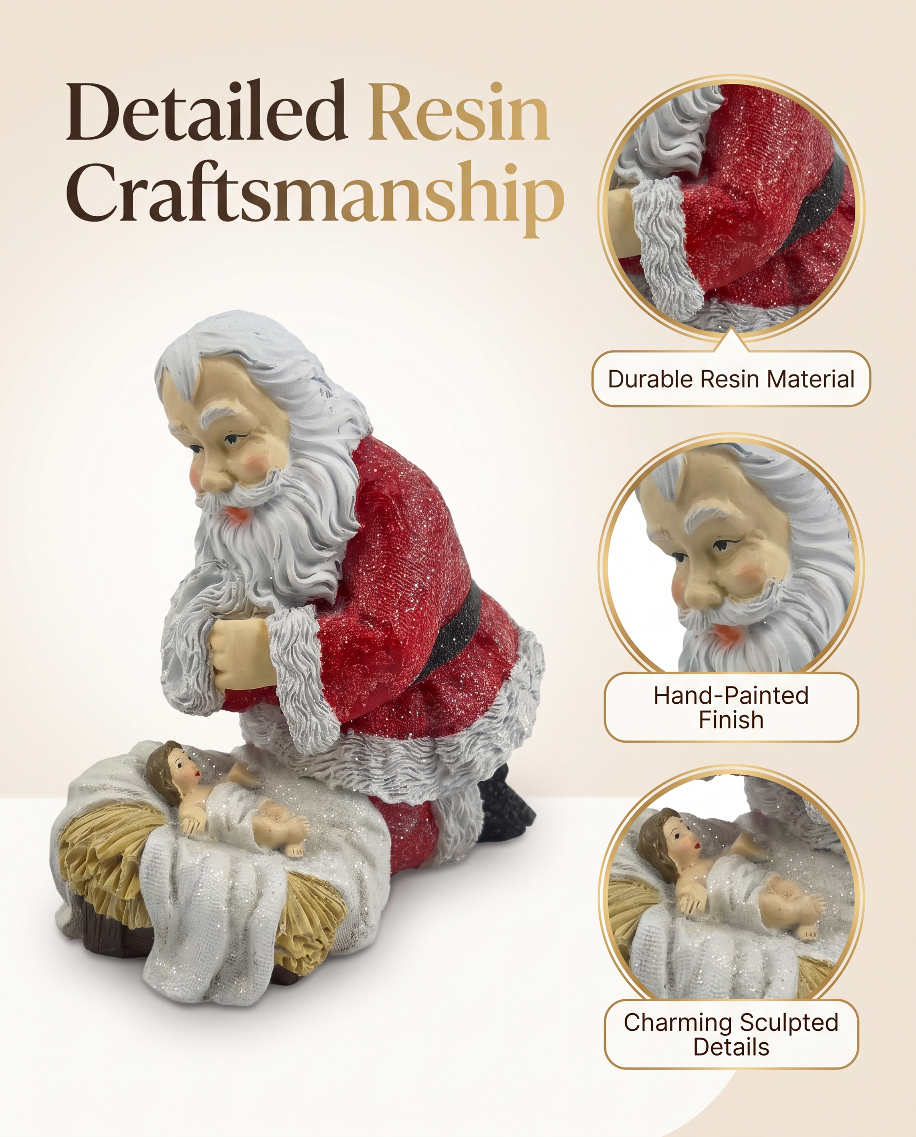 Christmas Decor Santa Kneeling Nativity Baby Jesus Resin Figurine 5.2 inch