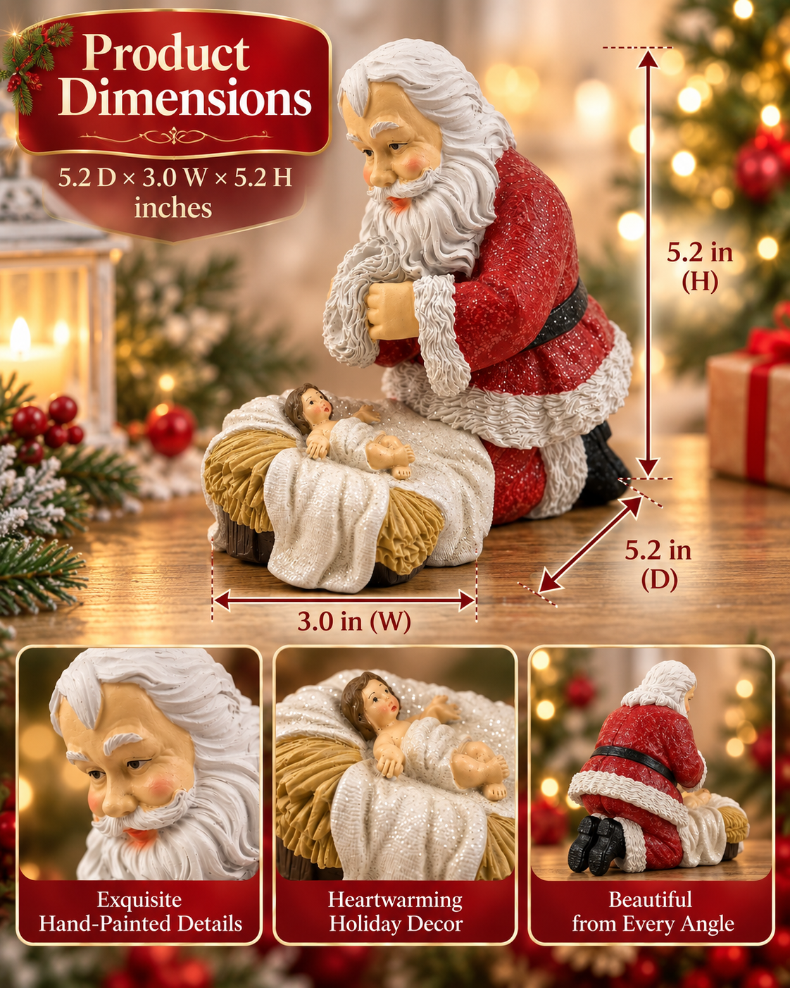 Christmas Decor Santa Kneeling Nativity Baby Jesus Resin Figurine 5.2 inch