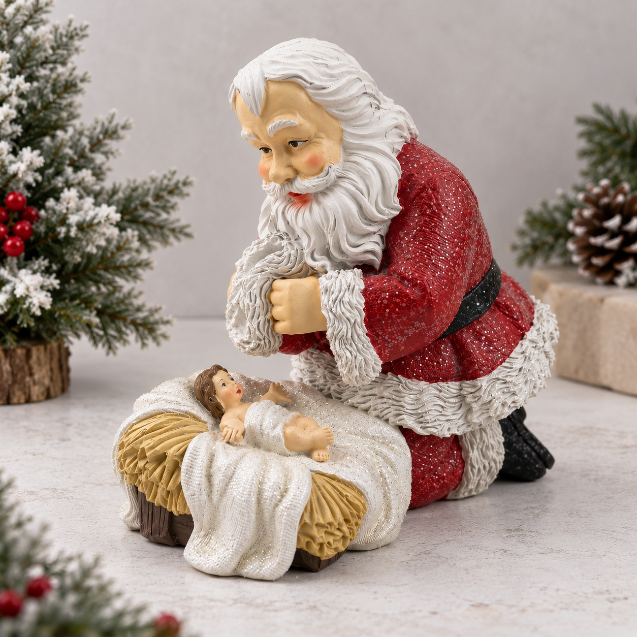 Christmas Decor Santa Kneeling Nativity Baby Jesus Resin Figurine 5.2 inch