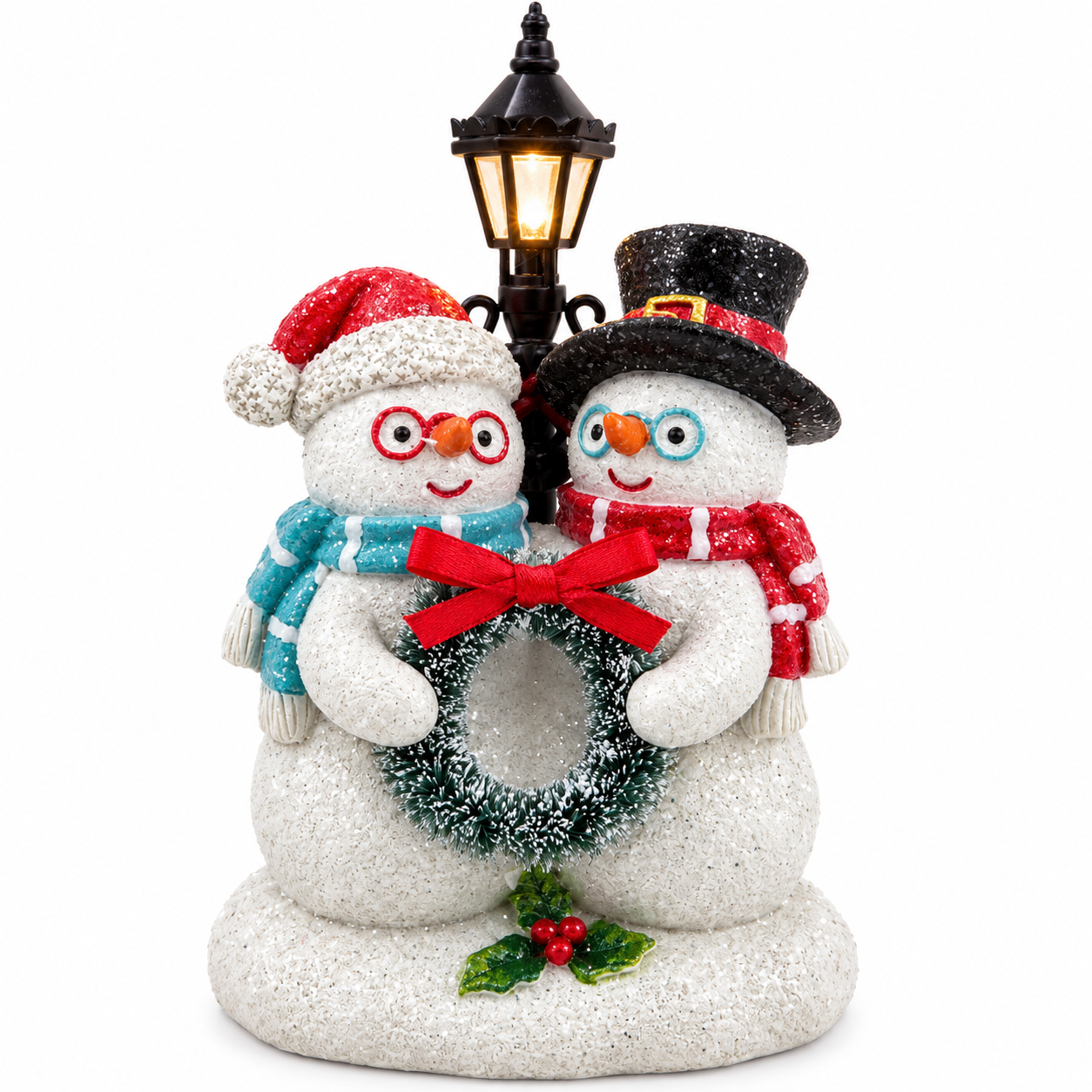 Lighted Resin Snowman Duo Figurine with Lamppost Christmas Decor 5.4