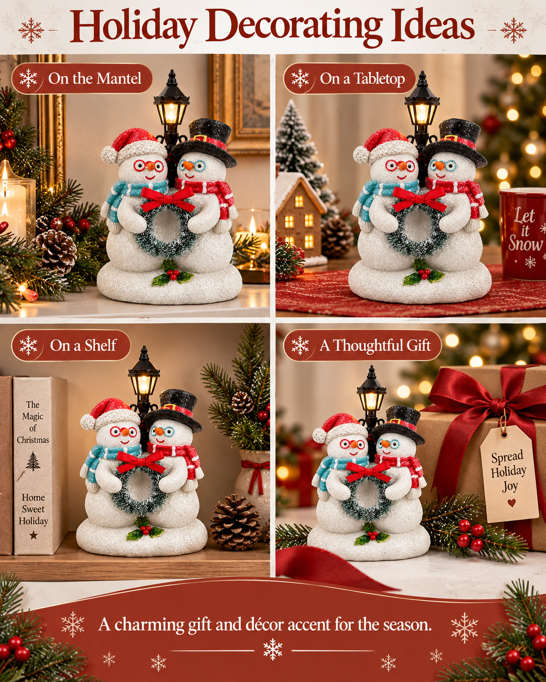 Lighted Resin Snowman Duo Figurine with Lamppost Christmas Decor 5.4