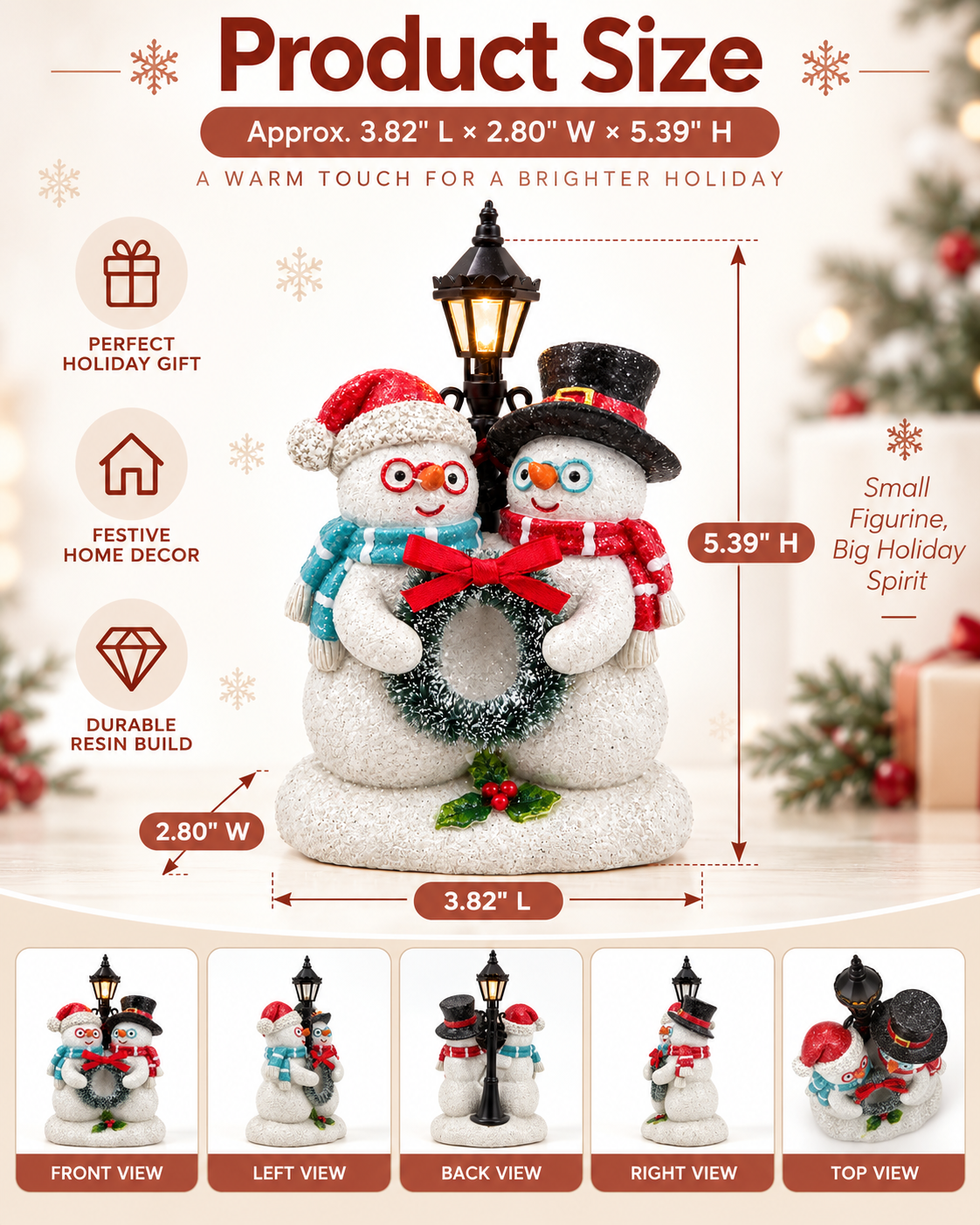 Lighted Resin Snowman Duo Figurine with Lamppost Christmas Decor 5.4