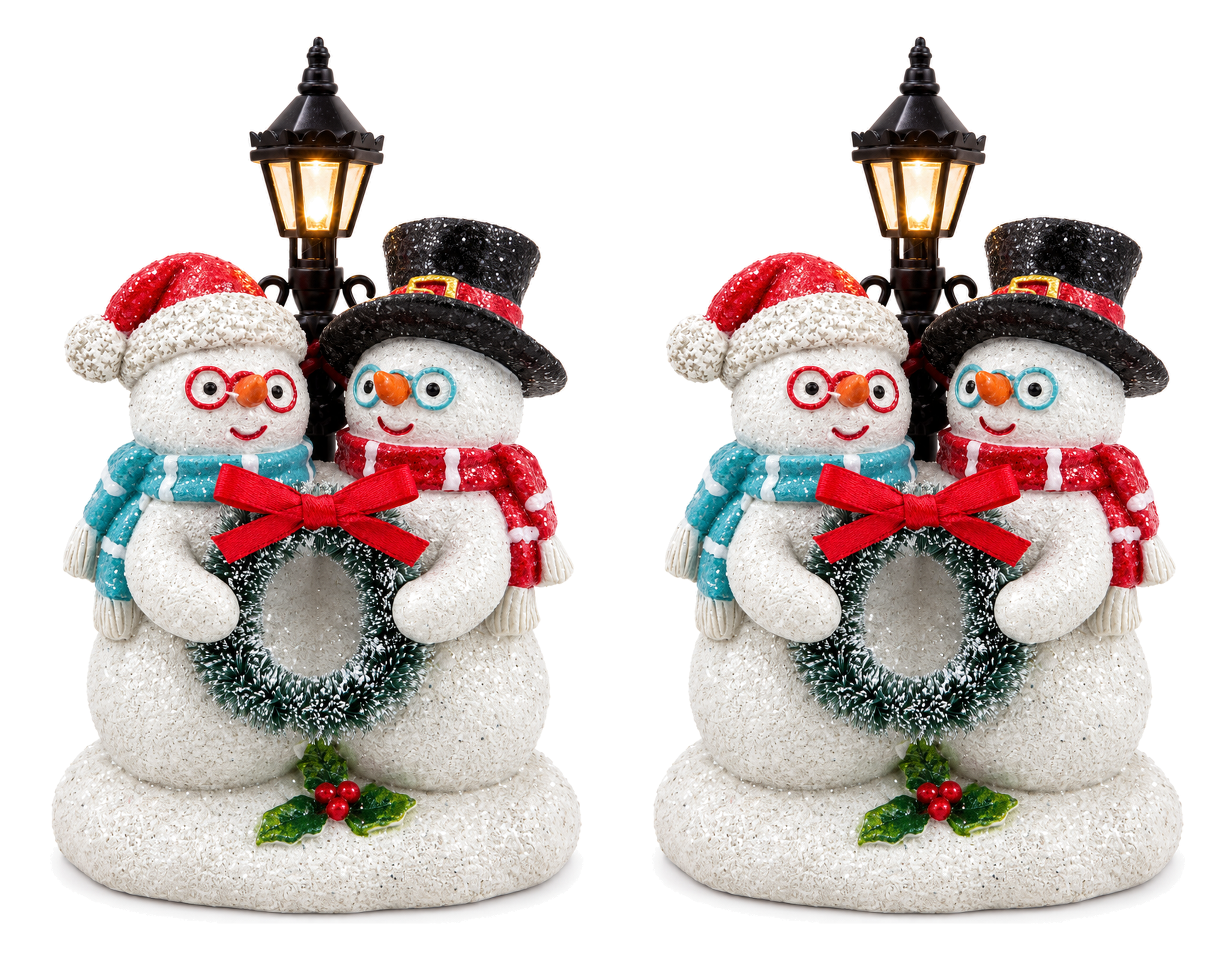 Lighted Resin Snowman Duo Figurine with Lamppost Christmas Decor 5.4