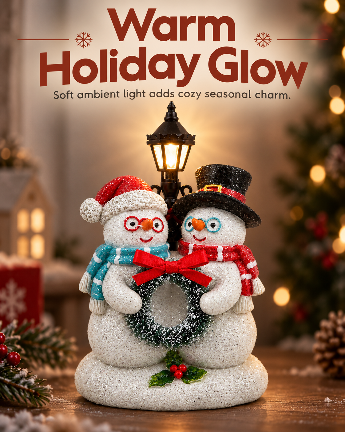 Lighted Resin Snowman Duo Figurine with Lamppost Christmas Decor 5.4