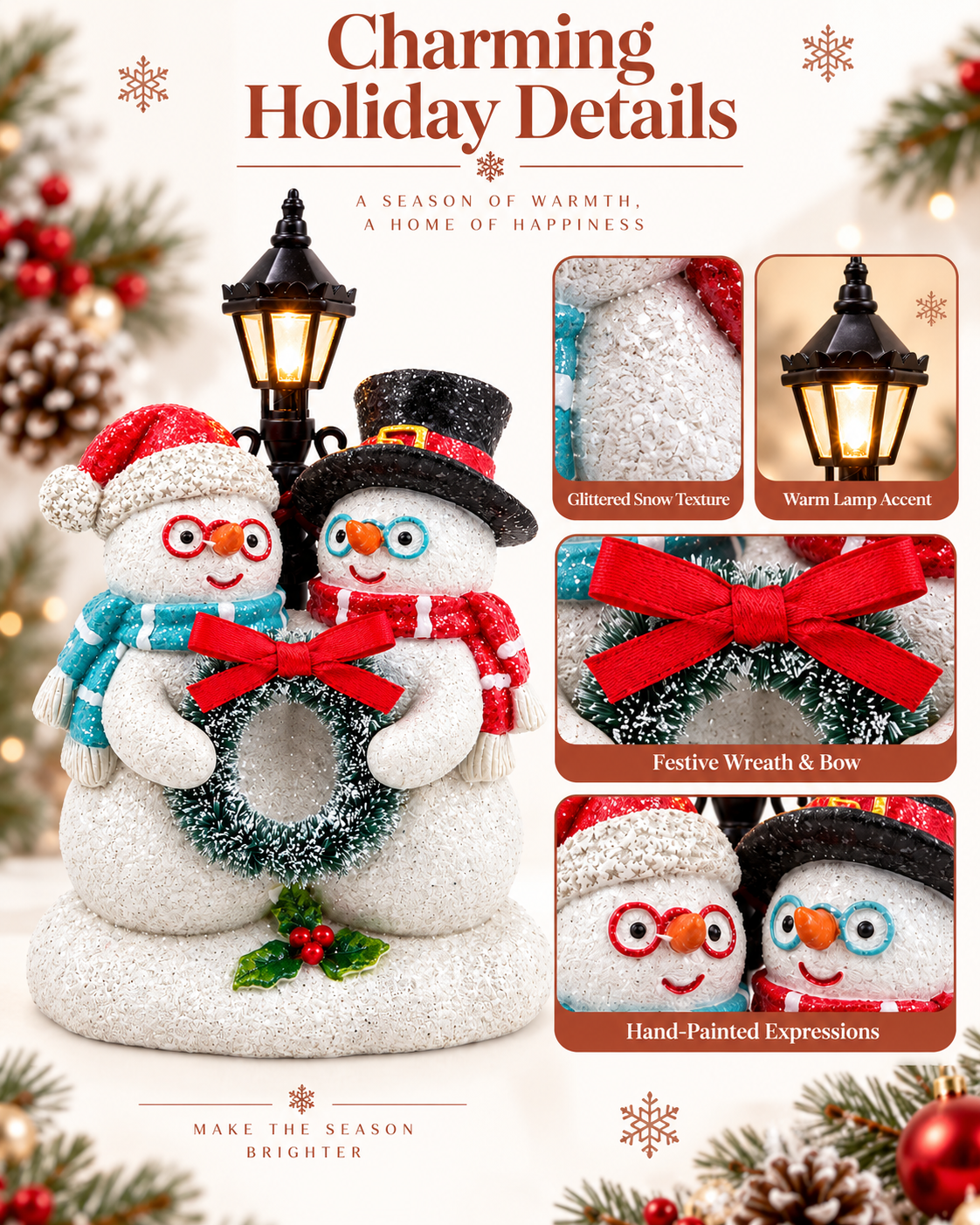 Lighted Resin Snowman Duo Figurine with Lamppost Christmas Decor 5.4