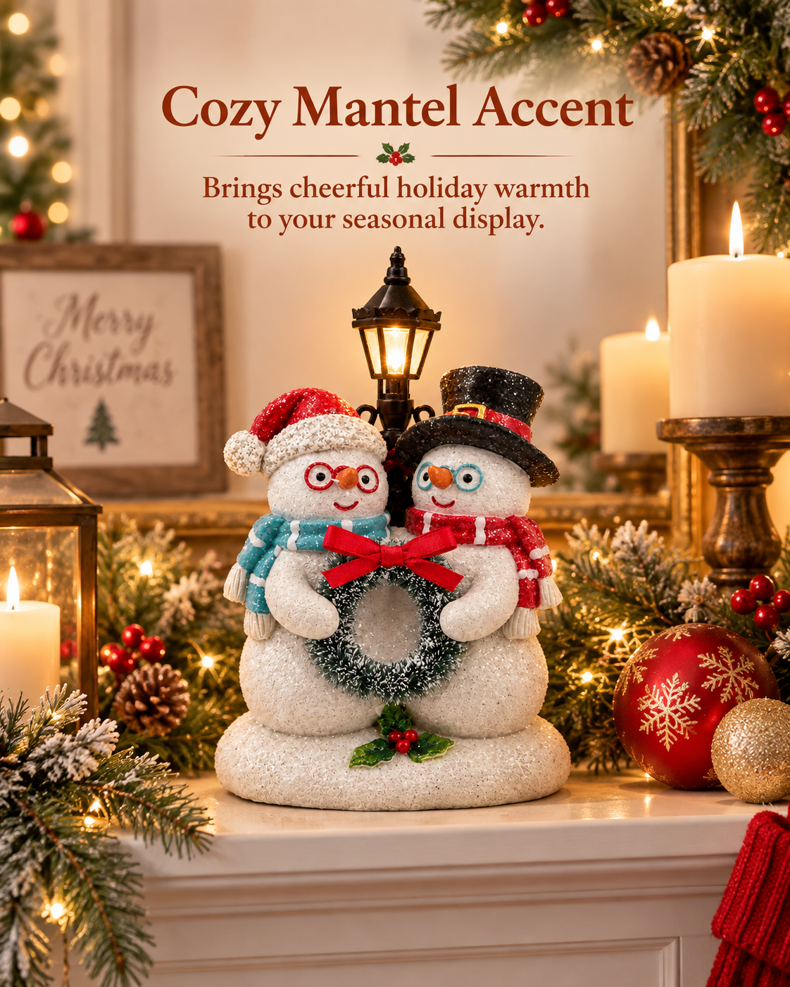 Lighted Resin Snowman Duo Figurine with Lamppost Christmas Decor 5.4