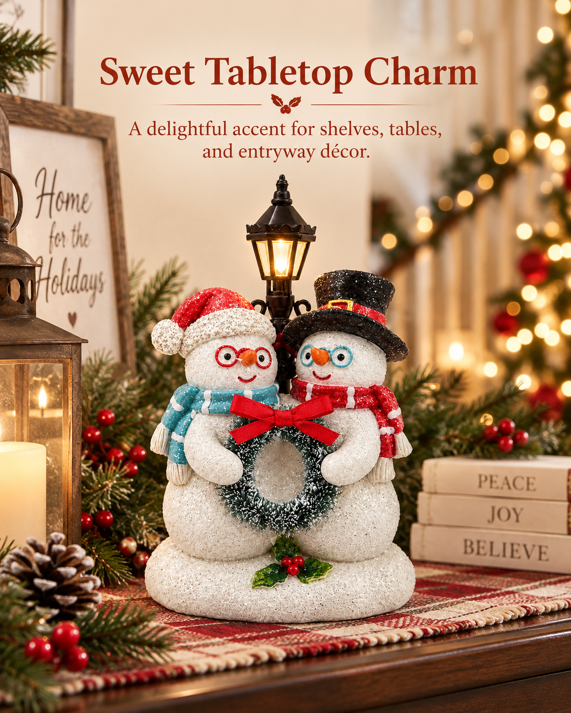Lighted Resin Snowman Duo Figurine with Lamppost Christmas Decor 5.4
