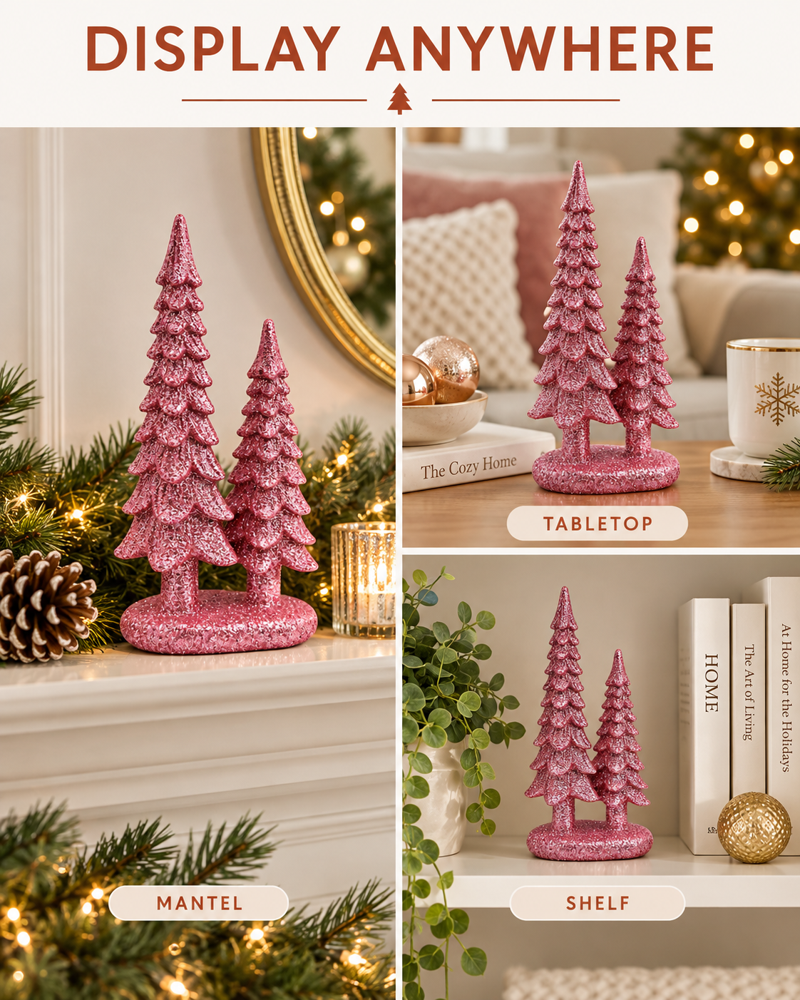 Set of 4 Pink 7-Inch Resin Christmas Tree Figurines Xmas Decorations