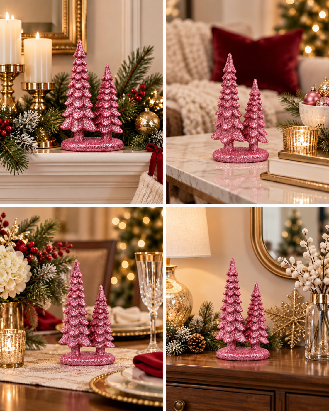 Set of 4 Pink 7-Inch Resin Christmas Tree Figurines Xmas Decorations