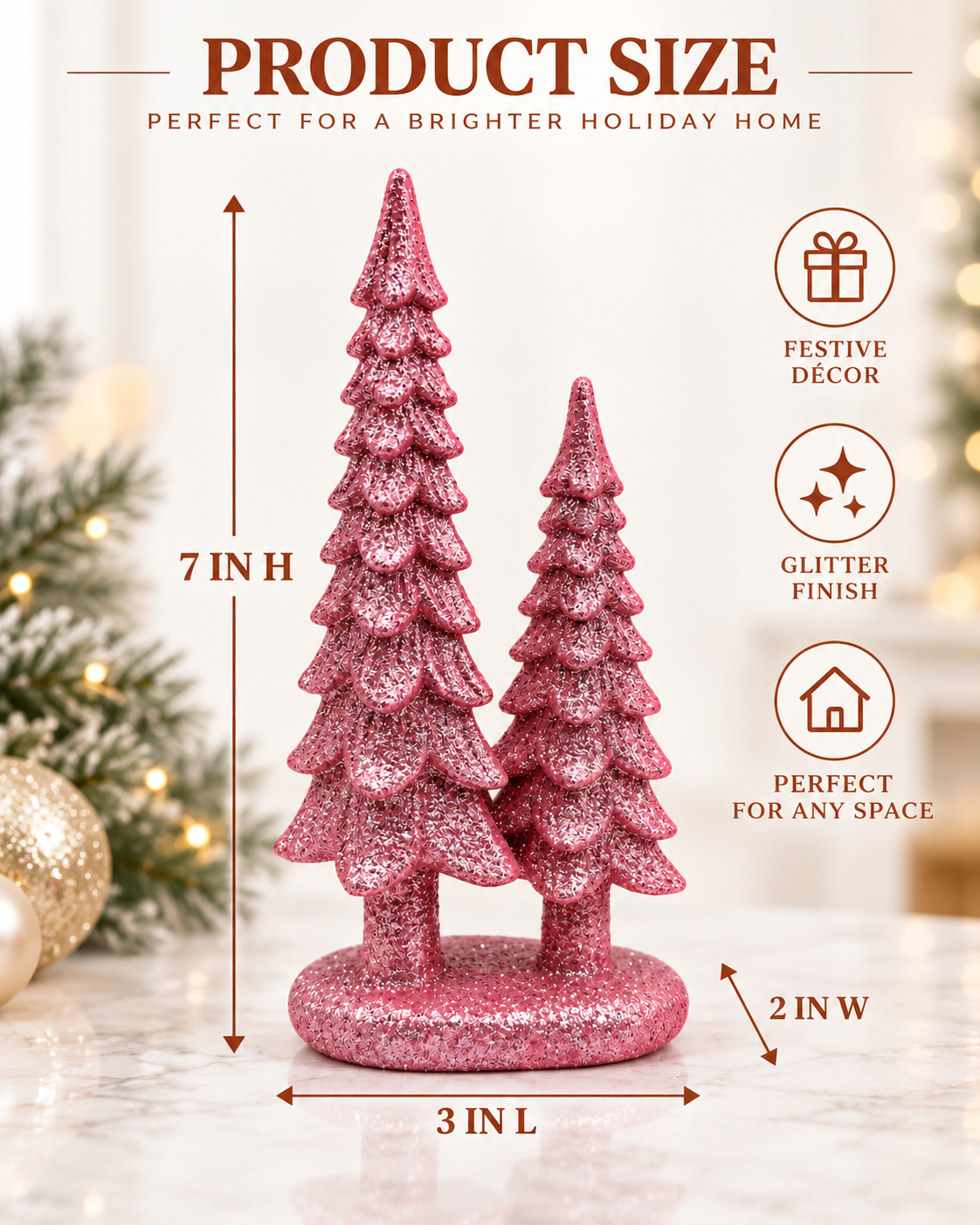 Set of 4 Pink 7-Inch Resin Christmas Tree Figurines Xmas Decorations