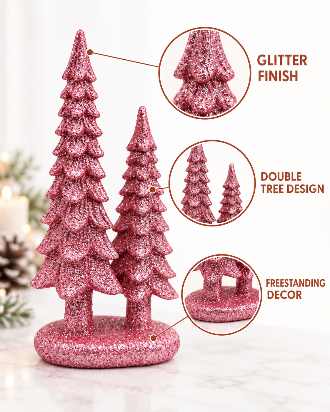 Set of 4 Pink 7-Inch Resin Christmas Tree Figurines Xmas Decorations