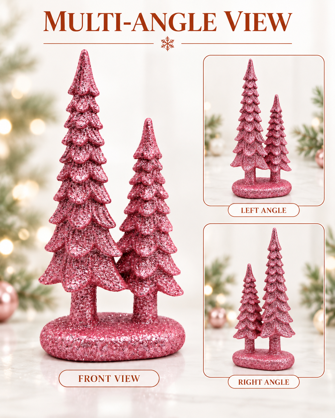 Set of 4 Pink 7-Inch Resin Christmas Tree Figurines Xmas Decorations