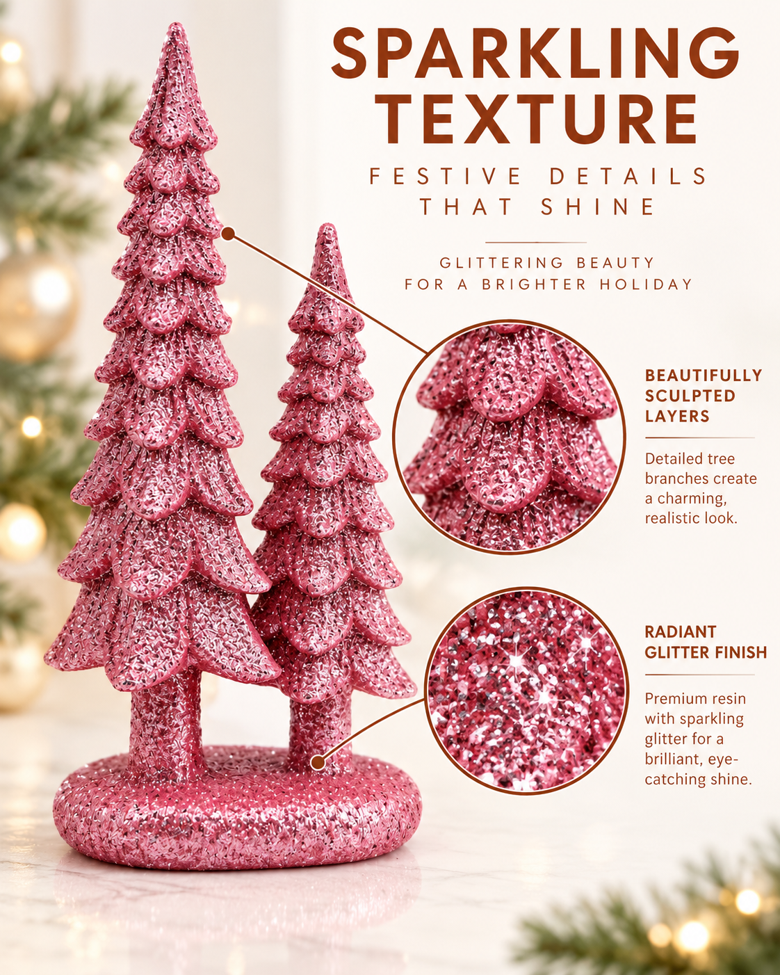 Set of 4 Pink 7-Inch Resin Christmas Tree Figurines Xmas Decorations