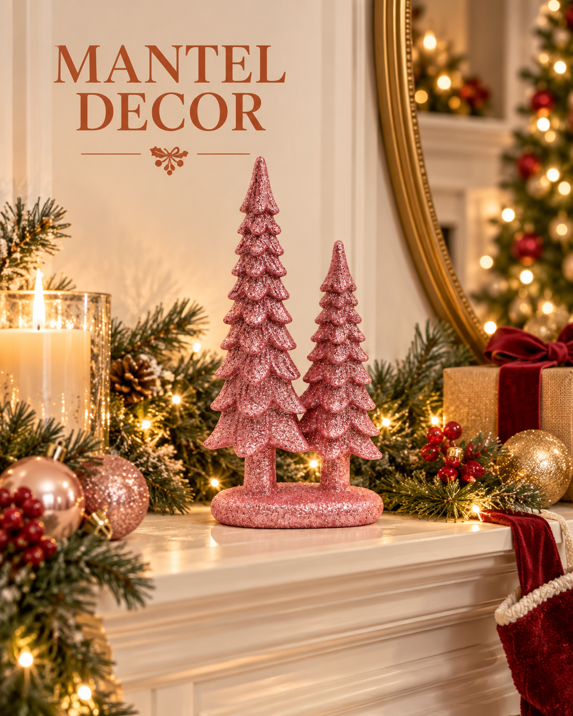 Set of 4 Pink 7-Inch Resin Christmas Tree Figurines Xmas Decorations