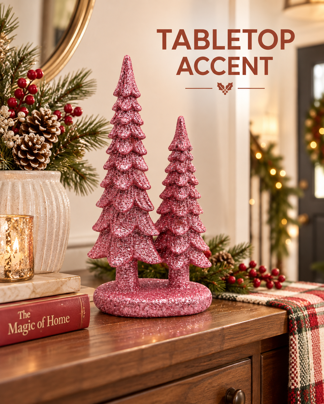 Set of 4 Pink 7-Inch Resin Christmas Tree Figurines Xmas Decorations