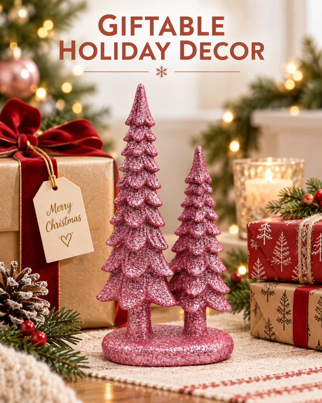 Set of 4 Pink 7-Inch Resin Christmas Tree Figurines Xmas Decorations