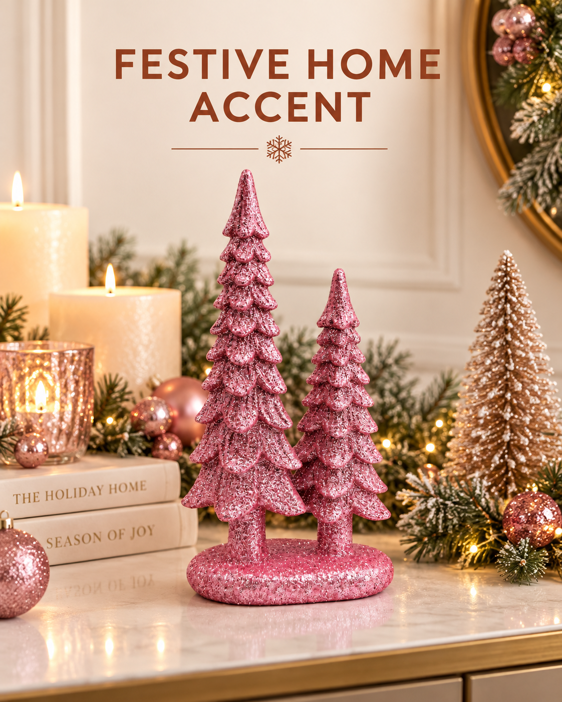 Set of 4 Pink 7-Inch Resin Christmas Tree Figurines Xmas Decorations
