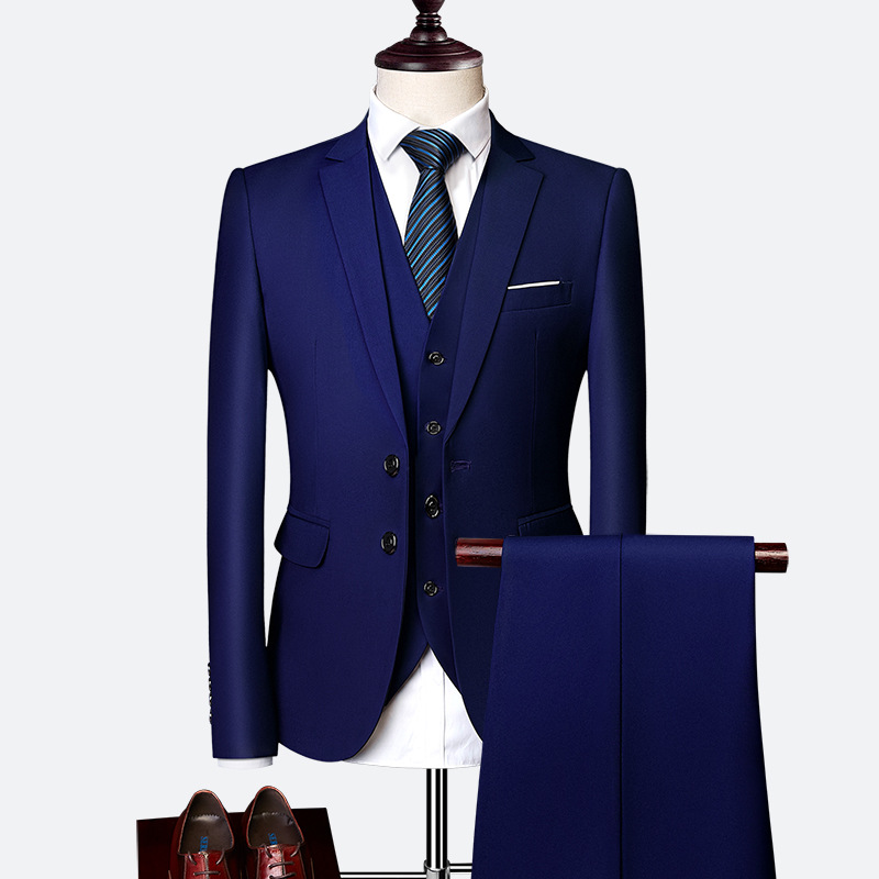 Men's Business Solid Single Breasted Pocket Lapel Collar Lapel Blazer & Vest & Pants 3Pcs Set