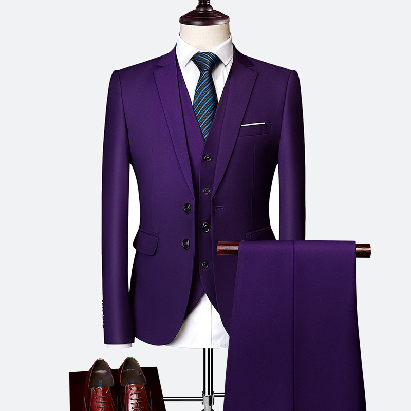 Men's Business Solid Single Breasted Pocket Lapel Collar Lapel Blazer & Vest & Pants 3Pcs Set