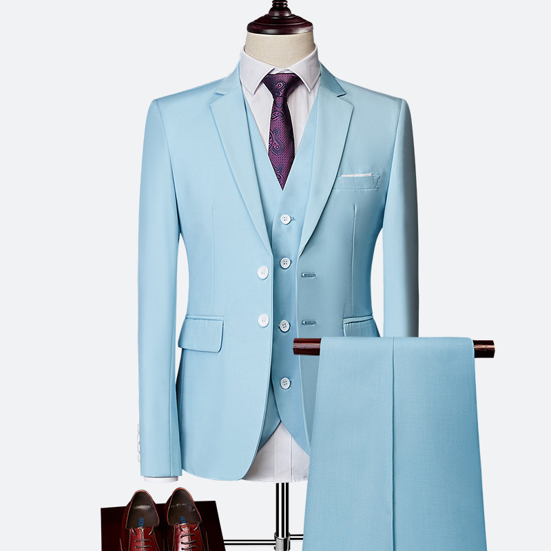 Men's Business Solid Single Breasted Pocket Lapel Collar Lapel Blazer & Vest & Pants 3Pcs Set